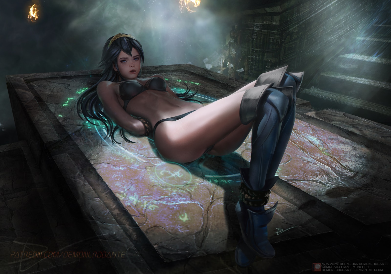 1girls, altar, arms behind back, black hair, bondage, boots, bound, breasts, demonlorddante, female, fire emblem, fire emblem awakening, highres, lingerie, lucina (fire emblem), medium breasts, nintendo, partially clothed, realistic
