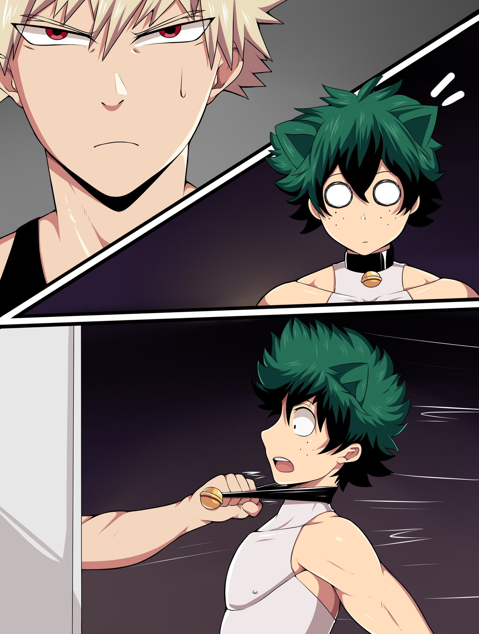 2boys, cat ears, choker, collar pull, comic, duo, fermrviper, gay, halloween, holidays, izuku midoriya, katsuki bakugou, looking at another, male, male only, my hero academia, night, short hair, surprised, yaoi