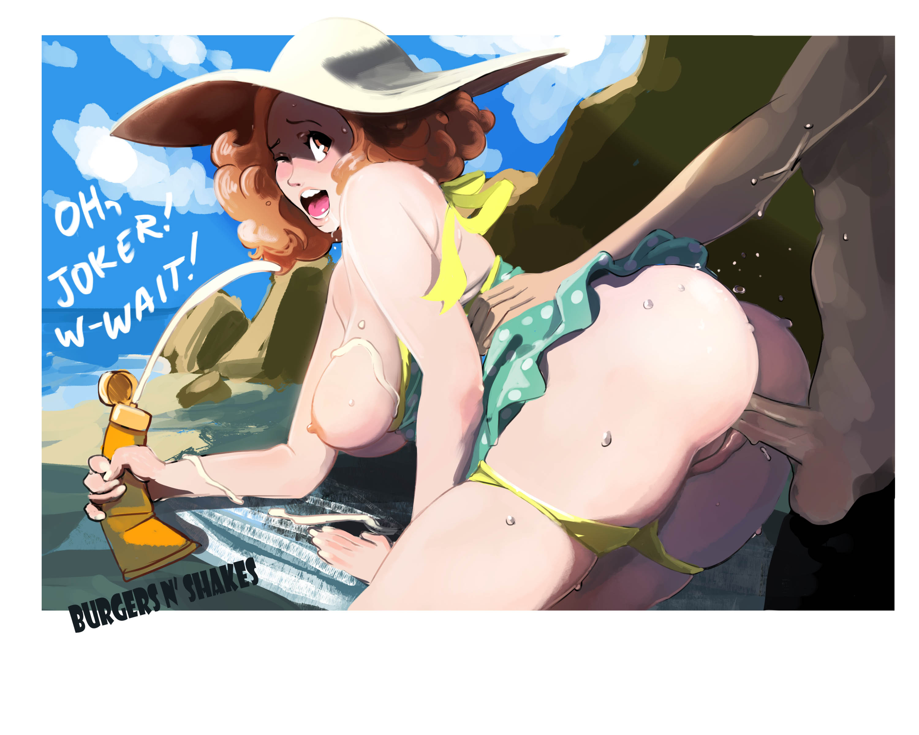 1boy, 1girls, areolae, ass, atlus, beach, big ass, big breasts, blush, breasts, breasts out, brown eyes, brown hair, burgersnshakes, clothed, clothing, cock, dick, dress, dress up, drool, drooling, female, from behind, haru okumura, haru okumura (swimsuit), hat, joker (persona), male, megami tensei, mouth open, nipples, one eye closed, open mouth, panties, panties down, penis, persona, persona 5, ren amamiya, sea, sega, sex, shadow, short hair, sun hat, sunscreen, surprise buttsex, surprised, surprised expression, sweat, sweatdrop, sweating, swimsuit, teeth, thick legs, thick thighs, thighs, tongue, unseen male face