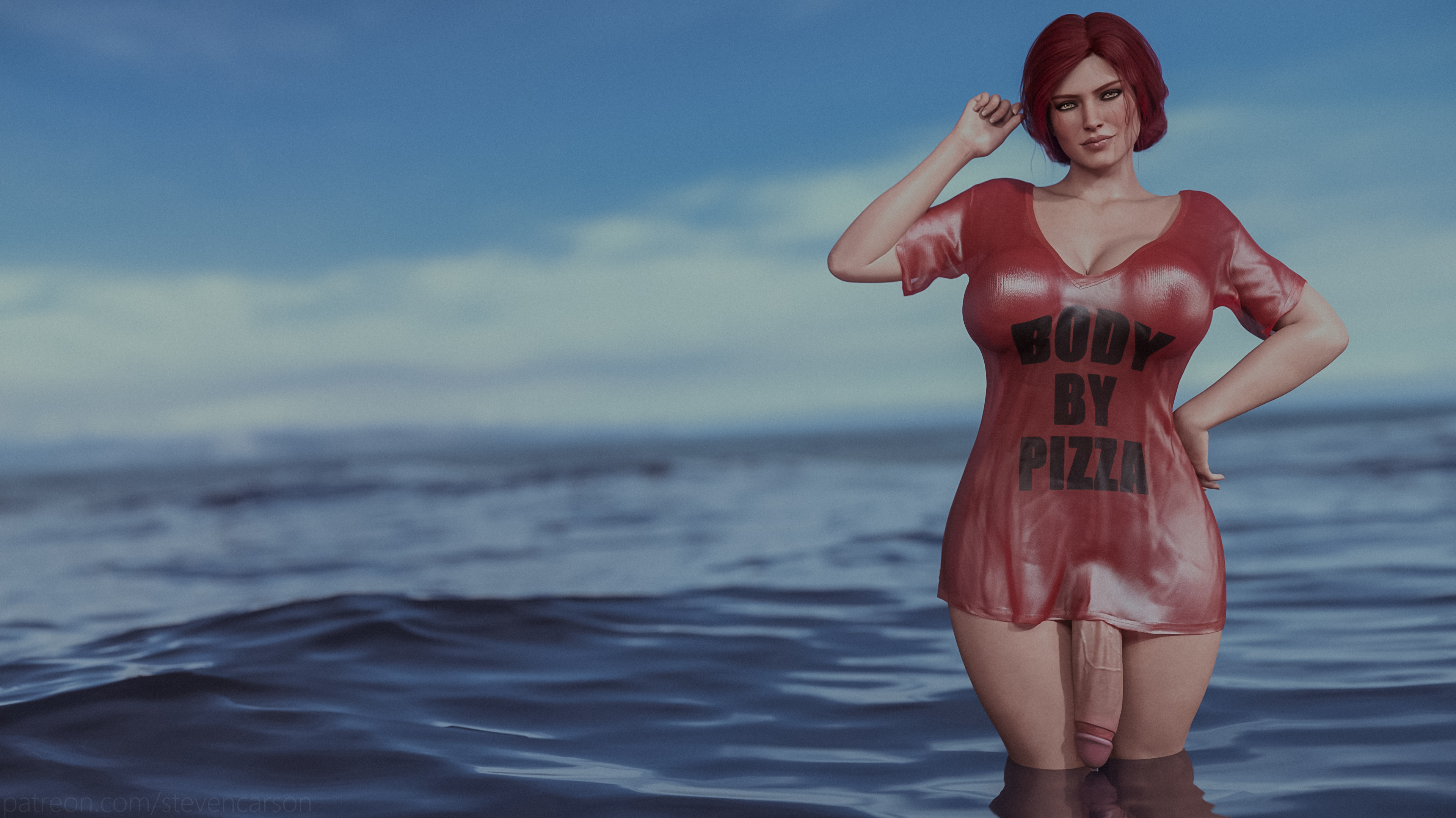 1futa, 3d, 4k, absurdres, bottomless, breasts, cd projekt red, cleavage, curvy, erect nipples, flaccid, futa only, futanari, highres, huge breasts, huge cock, huge penis, intersex, nipple bulge, nipples, ocean, penis, penis out, realistic, solo, solo futa, stevencarson, the witcher, the witcher (series), the witcher 2, the witcher 3: wild hunt, triss merigold, water, wet, wide hips