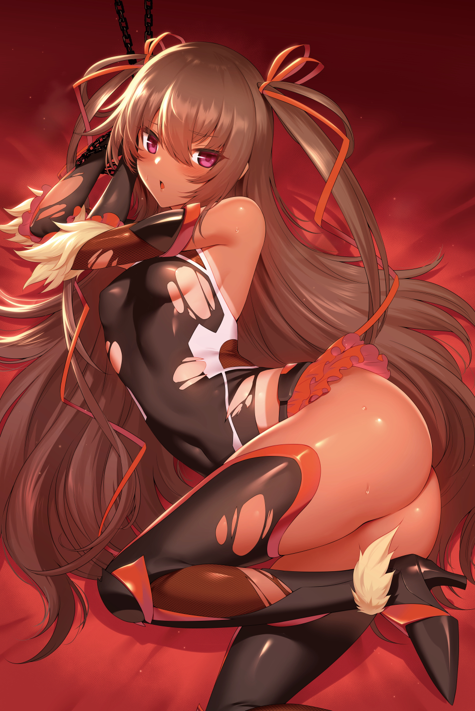 1girls, ass, brown hair, chains, dark skin, dark-skinned female, exposed ass, female, female only, hair ribbon, kunoichi, legs, leotard, long hair, lying, m-da s-tarou, mizuki yukikaze, pink eyes, red background, ribbon, shoes, solo, solo female, suntan, taimanin (series), taimanin yukikaze, tan, thong leotard, torn clothes, twintails, very long hair