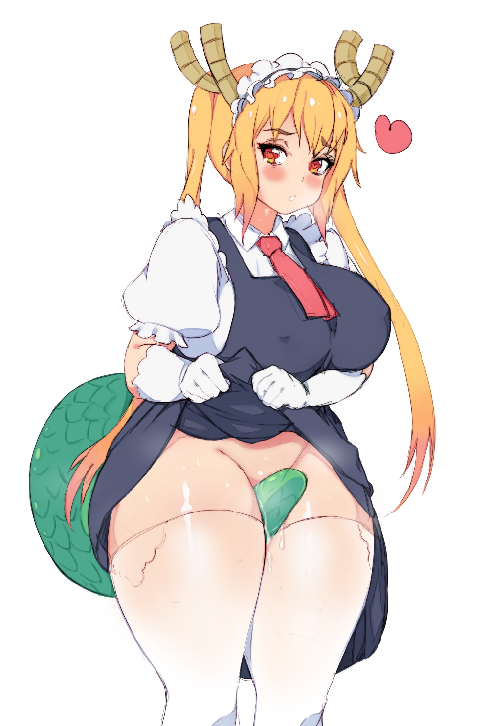 blonde hair, blush, breasts, censored, female, female only, heart, horns, huge breasts, keigi (artist), looking at viewer, maid, maid headdress, maid uniform, miss kobayashi's dragon maid, presenting, pussy, pussy juice, skirt lift, tail, thick thighs, thighhighs, tie, tohru (dragon maid), twintails, wide hips