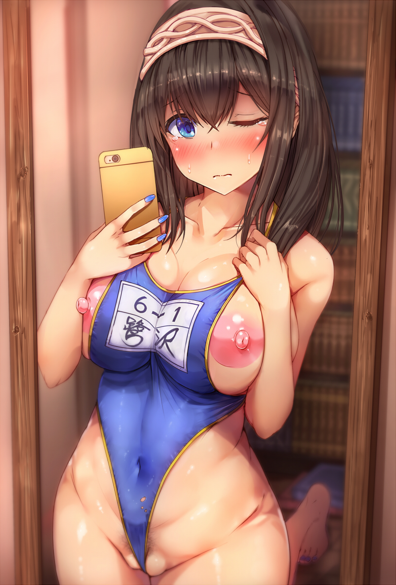 1girls alternate_breast_size areolae bare_shoulders between_labia black_hair blue_eyes blush breasts cellphone commentary_request covered_navel embarrassed eyebrows_visible_through_hair female female_only hair_between_eyes highres hot_melon idolmaster idolmaster_cinderella_girls indoors innie_pussy large_areolae long_hair looking_at_viewer mirror nail_polish nipples one_eye_closed partially_visible_vulva phone pubic_hair reflection sagisawa_fumika shiny shiny_skin skindentation solo solo_female swimsuit tearing_up undersized_clothes