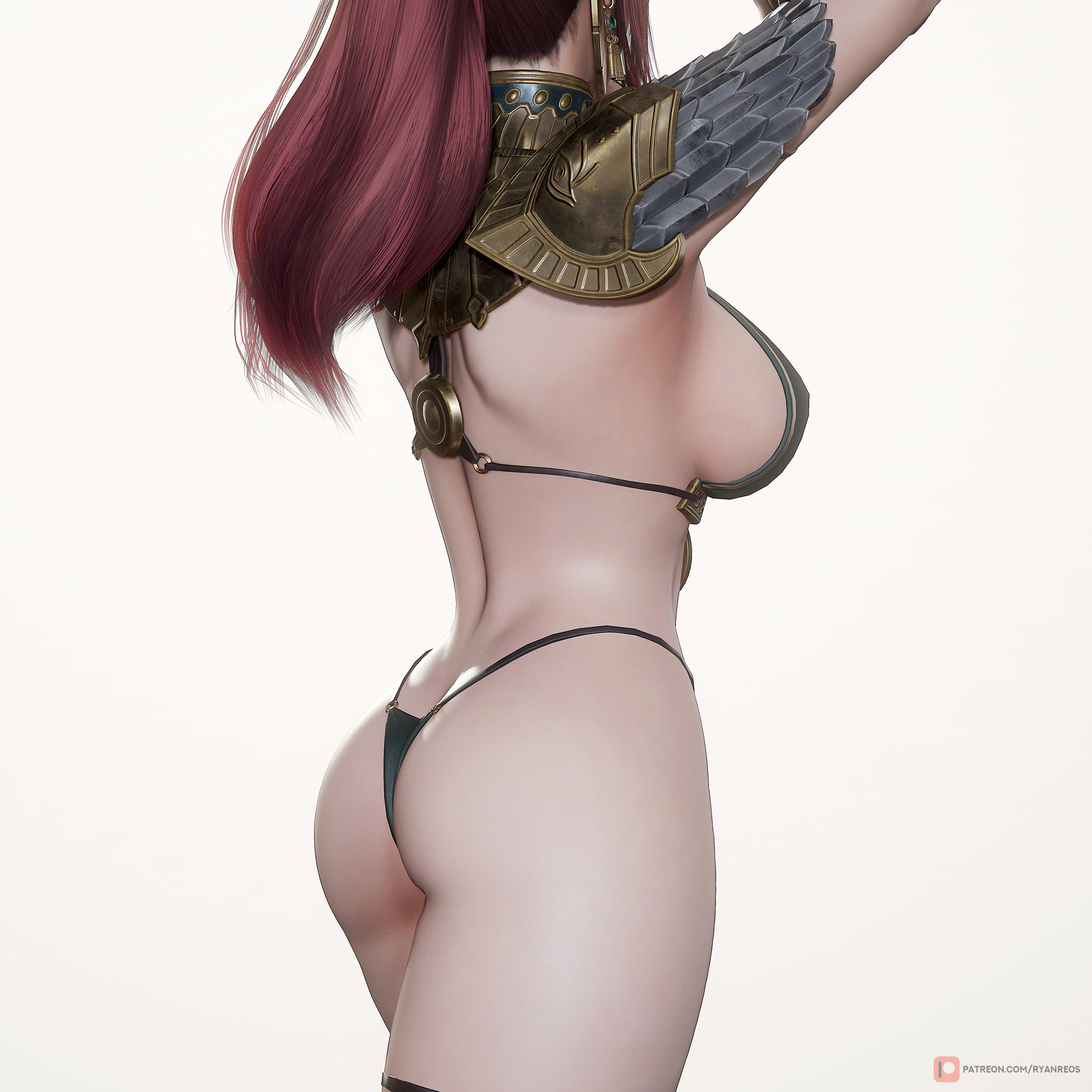 3d, ass, big ass, big breasts, bikini armor, breasts, brown hair, female, highres, large ass, original, ponytail, primrose, ryanreos, shoulder pads, sideboob, thong