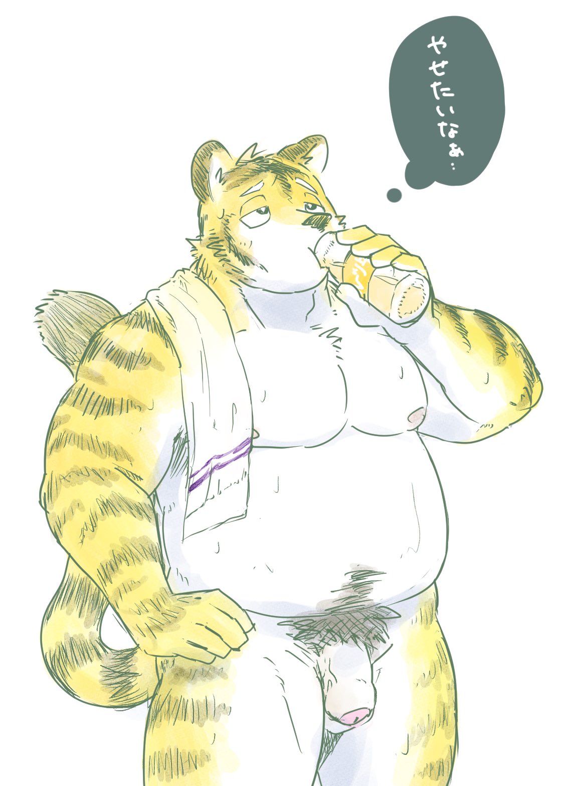 2020 anthro balls belly felid flaccid genitals hi_res humanoid_genitalia humanoid_hands humanoid_penis japanese_text kemono male male_only mammal moobs nico26b nipples overweight overweight_male pantherine penis pubes simple_background solo text tiger white_background