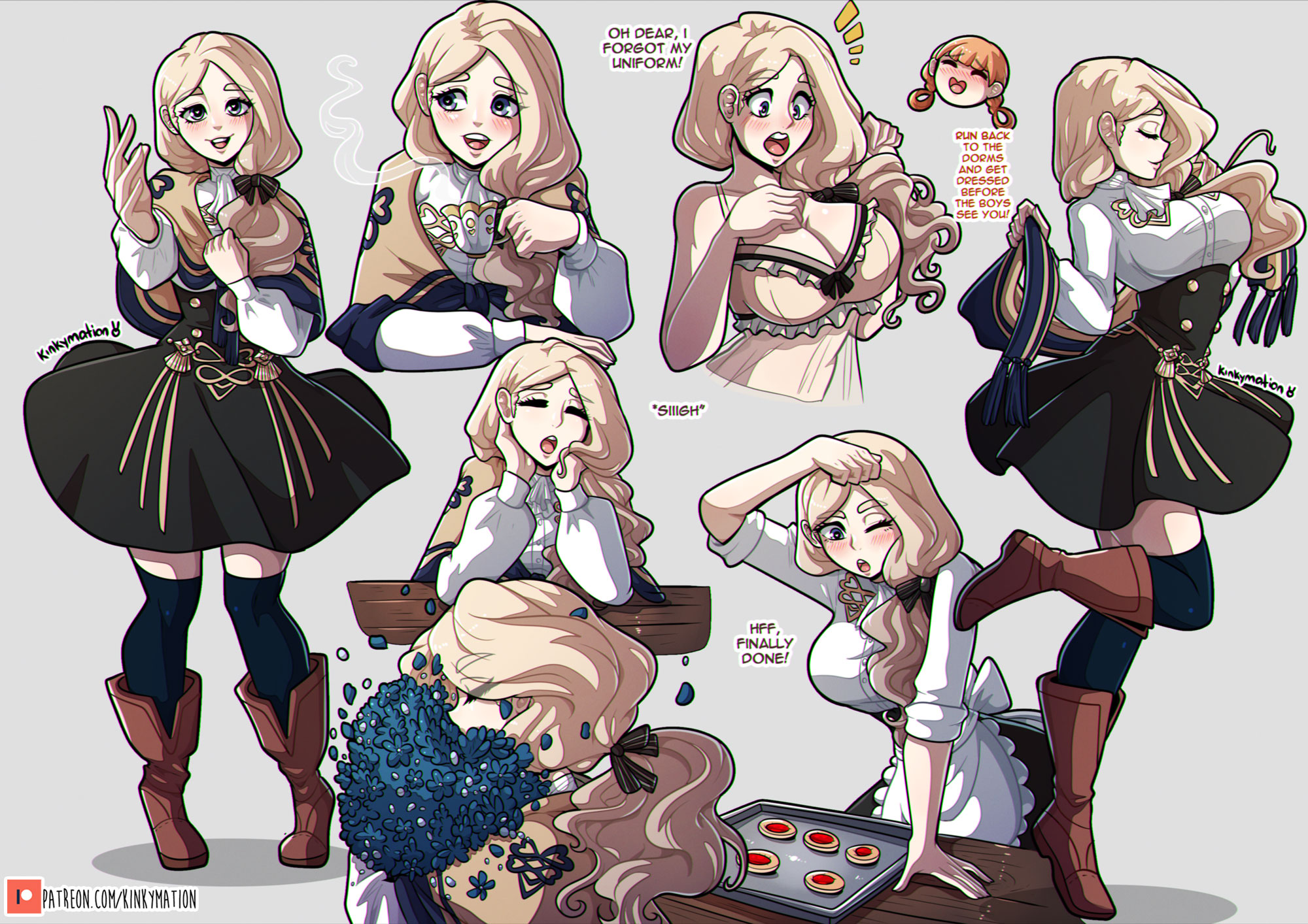 2girls, annette fantine dominic, blonde hair, breasts, cleavage, english text, female, female only, fire emblem, fire emblem: three houses, garreg mach monastery uniform, high heel boots, kinkymation, large breasts, long hair, mercedes von martritz, multiple females, multiple girls, nintendo, reference sheet, source request, text, thighhighs