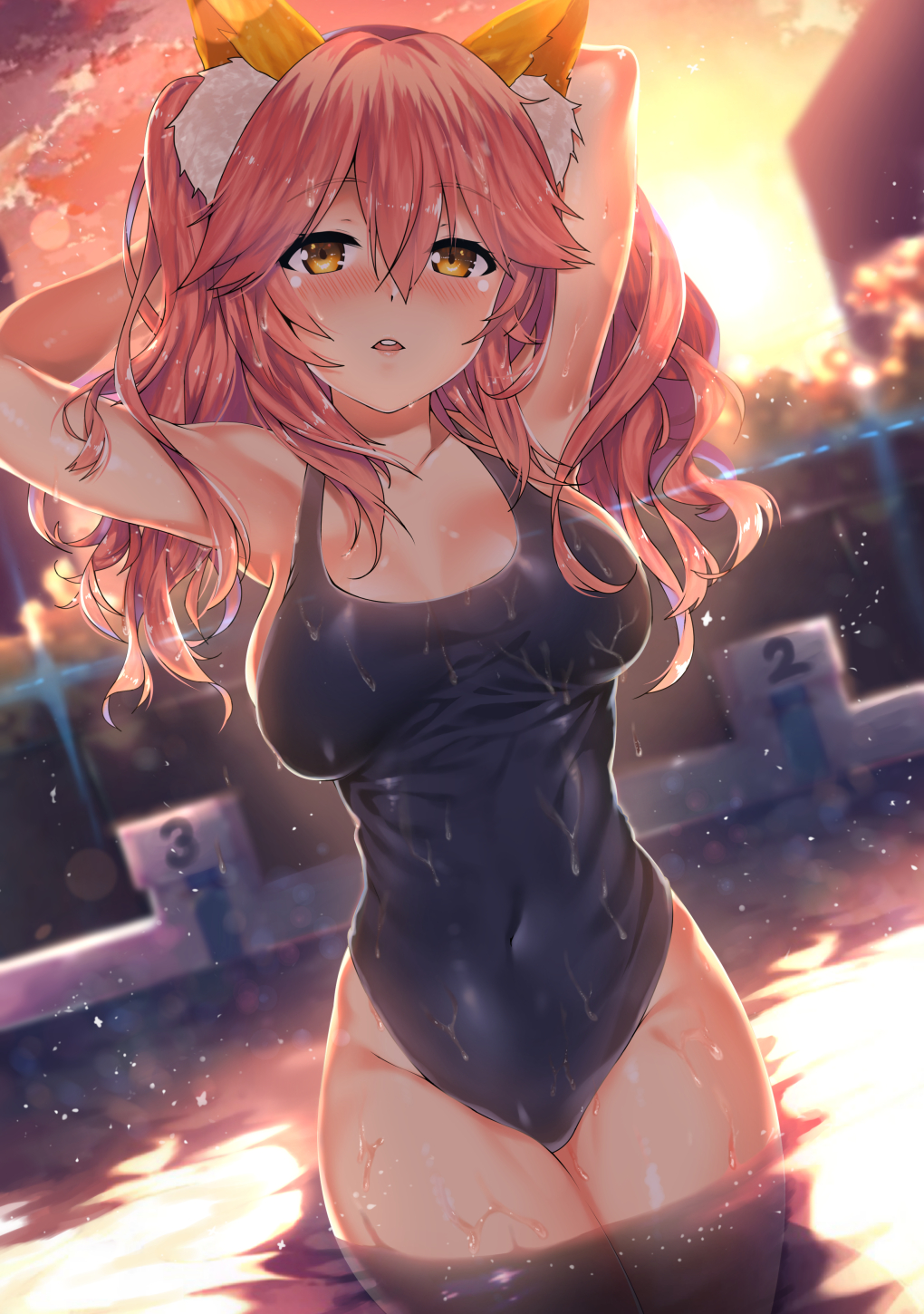 1girls animal_ear_fluff animal_ears armpits arms_up backlighting bangs blue_one-piece_swimsuit blue_swimsuit blurry blurry_background blush bokeh breasts breasts_apart brown_eyes cleavage covered_navel cowboy_shot depth_of_field dusk dutch_angle eyebrows_visible_through_hair fate/grand_order fate_(series) female female_only fox_ears hair_between_eyes halterneck head_tilt highres kawai_(purplrpouni) large_breasts legs_together long_hair looking_at_viewer one-piece_swimsuit open_mouth outdoors parted_bangs pink_hair pool solo standing sunset swimsuit tamamo_no_mae_(fate) thighs two_side_up wading water wavy_hair wet wet_hair