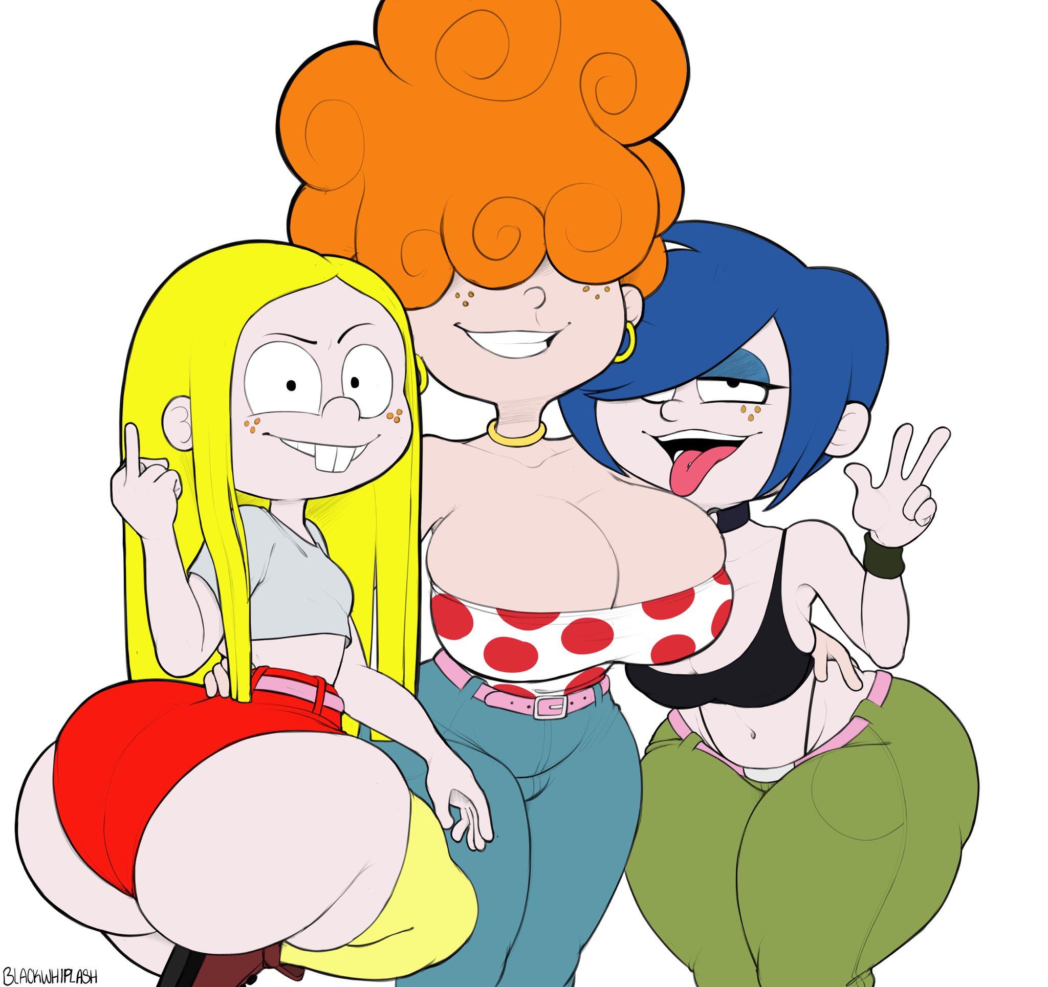 3girls, ass, big ass, big breasts, blackwhiplash, blonde female, blonde hair, blue hair, breasts, cartoon network, choker, cleavage, daisy dukes, earrings, ed edd n eddy, eyeshadow, female, female only, freckles, hands on hips, hoop earrings, huge ass, kanker sisters, lee kanker, looking at viewer, looking back, marie kanker, may kanker, medium breasts, middle finger, necklace, open mouth, orange hair, short shorts, sisters, small breasts, tagme, thick thighs, thighhighs, thong, tongue, tongue out, tubetop, v, wide hips