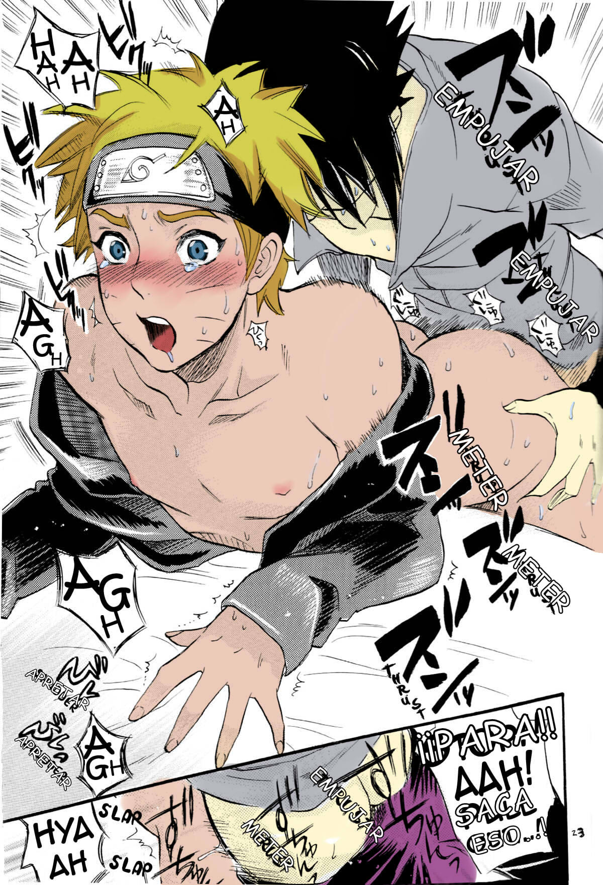 2boys, anal, anal sex, artist request, ass, ass grab, black hair, blonde hair, blue eyes, blush, dialogue, femboy, forehead protector, from behind, from behind position, gay, headband, jacket, male, male only, male penetrating, male/male, naruto, naruto (series), naruto shippuden, nipples, no panties, open clothes, open mouth, penetration, sasuke uchiha, sex, text, translation request, twink, uzumaki naruto, whisker markings, whiskers, yaoi, yellow hair