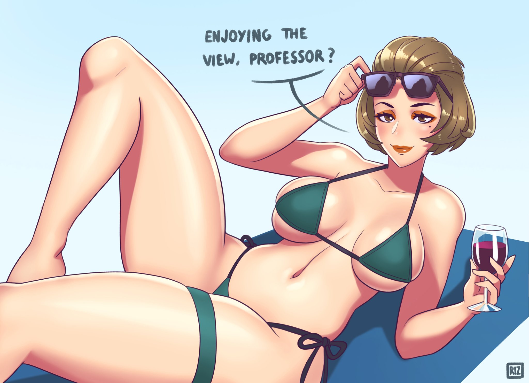 bikini, breasts, cleavage, female, female focus, fire emblem, fire emblem: three houses, green bikini, manuela casagranda, mole, mole under eye, nintendo, rizdraws, side-tie bikini, source request, sunglasses, sunglasses on head, swimsuit, wine glass, year request