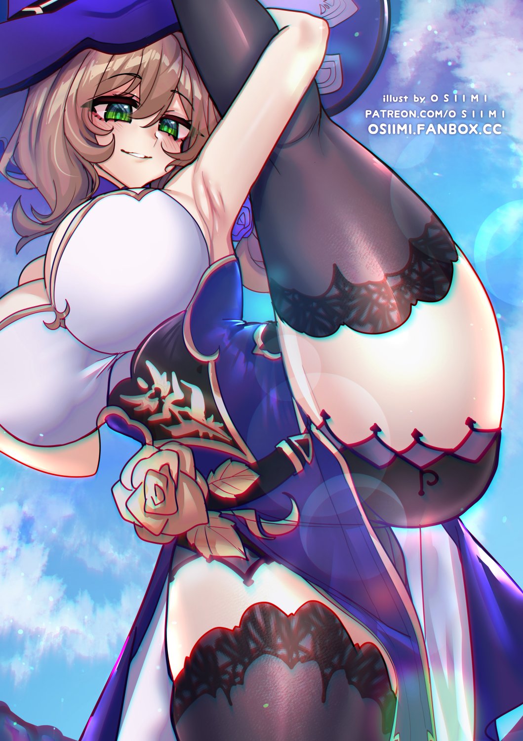 absolute territory, armpits, ass visible through thighs, big breasts, breasts, brown hair, clothed, clothing, curvy, female, fully clothed, genshin impact, green eyes, huge breasts, lisa (genshin impact), looking at viewer, mature female, milf, osiimi, pale skin, splits, spread legs, standing, thick thighs, thighhighs, vertical splits, witch, witch hat