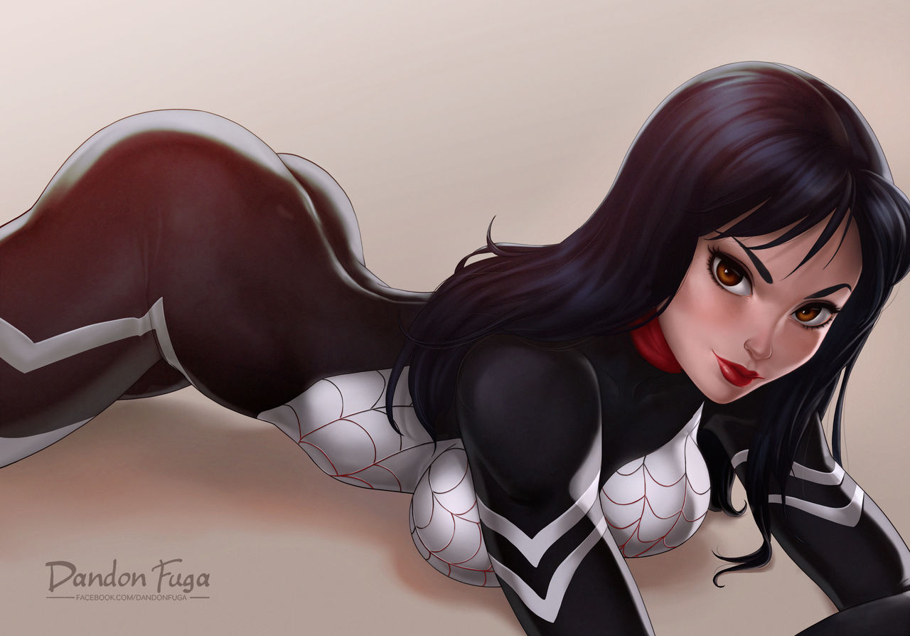 artist_name ass black_hair bodysuit breasts brown_eyes cindy_moon dandon_fuga lipstick looking_at_viewer marvel silk silk_(marvel) simple_background smile spider-man_(series)