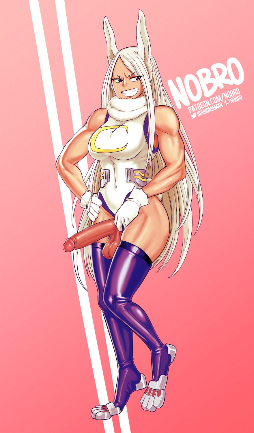 1futa, balls, bunny ears, dark skin, dark-skinned futa, dickgirl, erection, futa only, futanari, gloves, hero outfit (mha), intersex, miruko, muscles, muscular, muscular futa, my hero academia, nobro, penis, rabbit ears, rabbit humanoid, rumi usagiyama, smile, solo, solo futa, testicles, white gloves, white hair
