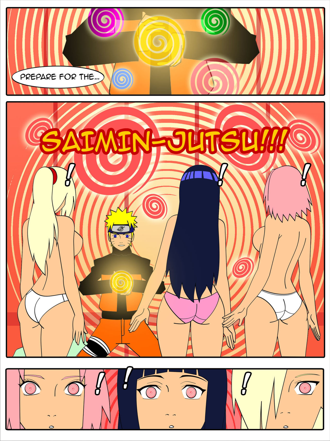 1boy, 3girls, blue eyes, brainwashing, comic, female, harem, human, hyuuga hinata, imminent sex, ino yamanaka, male, mind break, mind control, multiple females, multiple girls, muscles, naruto, naruto (series), naruto shippuden, sakura haruno, slave, text, threesome, uzumaki naruto, whiskers