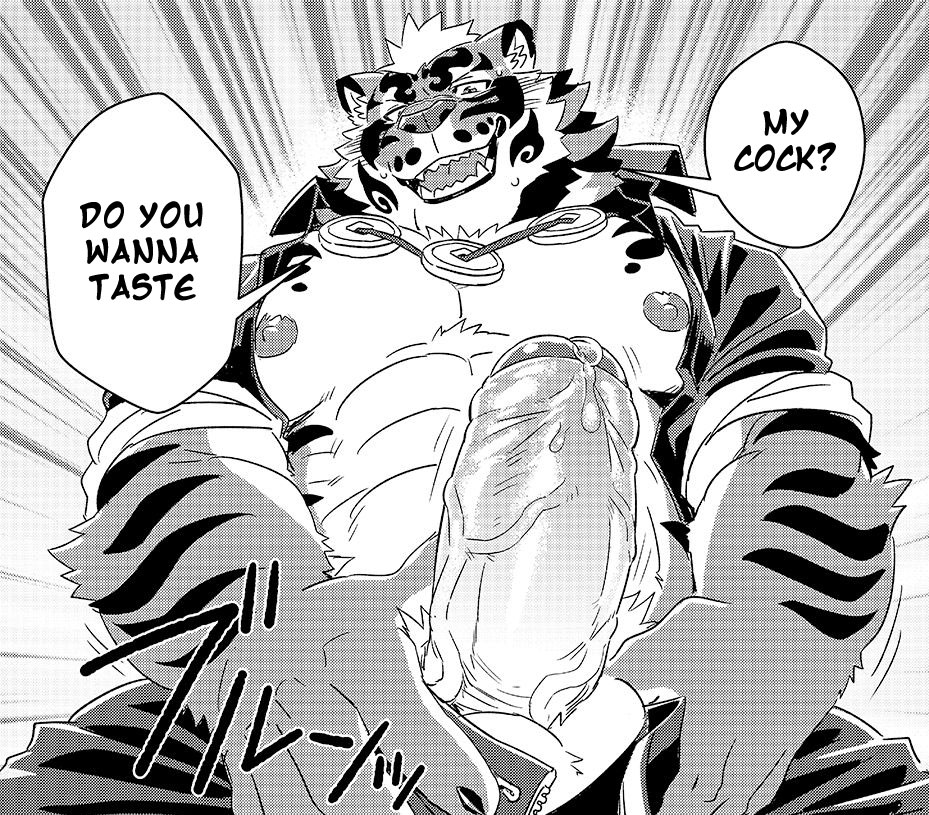 abs anthro bara big_balls big_penis black_and_white chest_hair clothed clothing cock_pointing_towards_viewer cum dialogue feline furry humanoid_penis large_penis lin_hu male_only manga muscle muscles muscular_male necklace nekojishi nipples overweight_male pecs penis precum rossciaco solo solo_male stripes text tiger