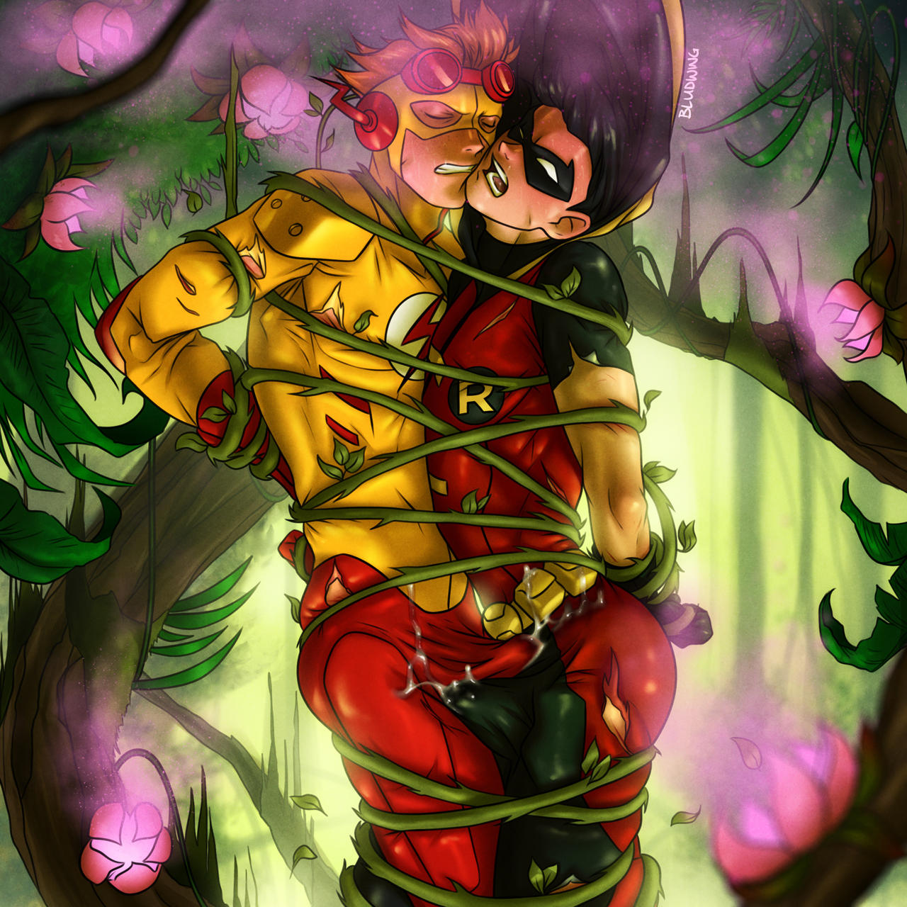 2boys, arms behind back, batman (series), black hair, bludwing, bondage, bound together, bulge, clothed, clothing, cum, cum through clothes, cum through clothing, cum through underwear, cum trail, cumming, dc, dc comics, dick grayson, erection under clothes, gay, kid flash, male, male only, malesub, mask, masked, multiple boys, multiple males, multiple subs, red hair, ripped clothing, robin (dc), robin (dick grayson), robin (young justice), teen titans, the flash, vines, wally west, yaoi, young justice