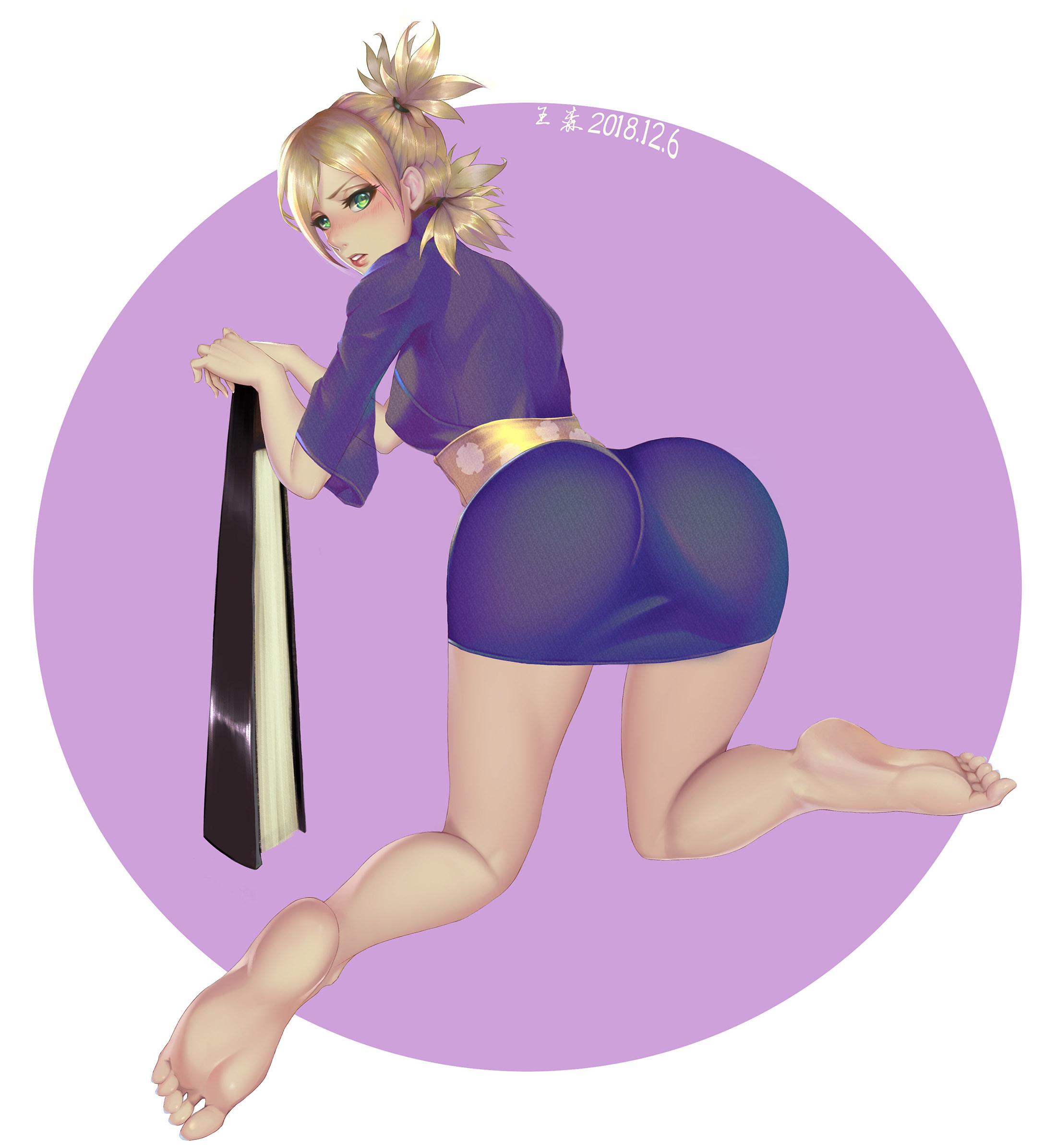 1girls, 2018, ass, barefoot, big ass, big butt, blonde hair, boruto: naruto next generations, dated, dress inside ass, fan, feet, female, female only, fishnet legwear, fishnet pantyhose, fishnets, folding fan, green eyes, kimono, kneeling, looking back, naruto, naruto (series), pantyhose, solo, temari, toes, twintails, viewed from behind, xiumu bianzhou