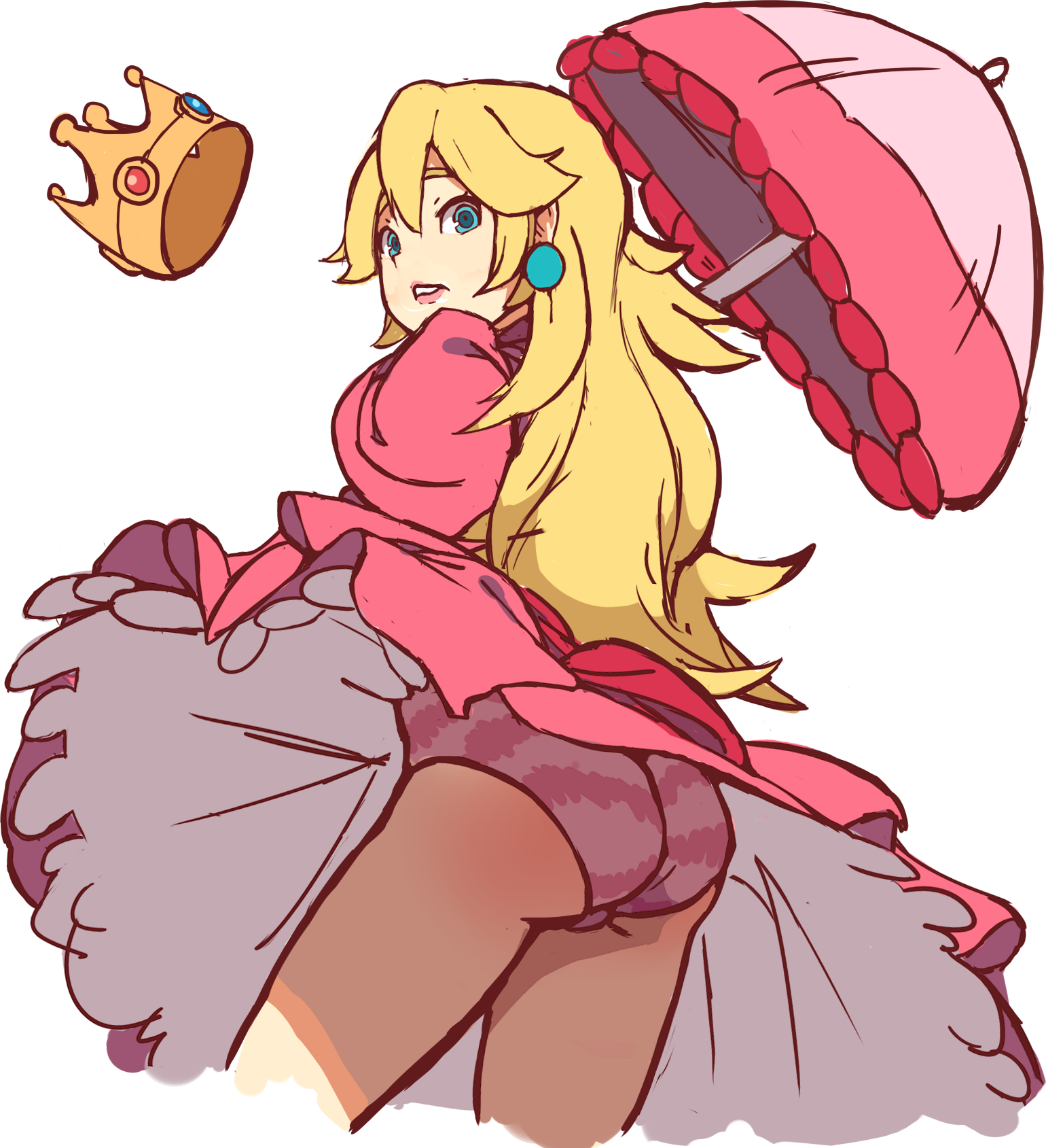 1girls, ass, blonde hair, blue eyes, clothing, crown, dress, earrings, female, female only, human, human only, long hair, looking at viewer, looking back, mario (series), nintendo, panties, pink dress, princess peach, simple background, solo, spark0draws, striped panties, umbrella, underwear, upskirt, white background, wind lift