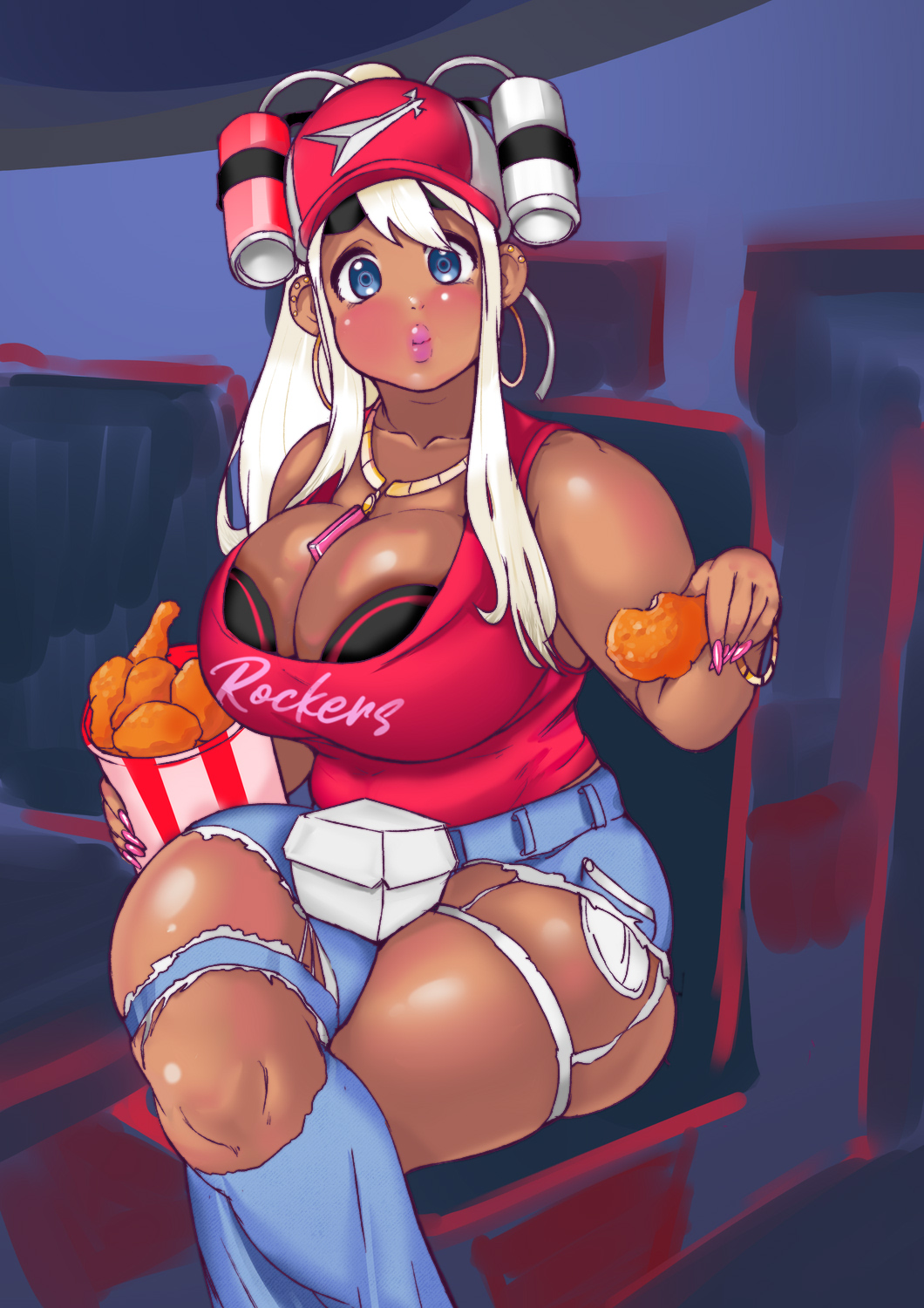 beer_hat bimbo blonde_hair blue_eyes bracelet dark-skinned_female fried_chicken gyaru hoop_earrings huge_breasts human human_only jeans k-on! keigi_(artist) kfc kuro_gyaru lipstick long_nails looking_at_viewer manicure necklace platinum_blonde_hair plump pushup_bra sitting t-shirt thick_eyebrows thick_lips thick_thighs torn_clothes torn_jeans torn_pants tsumugi_kotobuki_(k-on!)