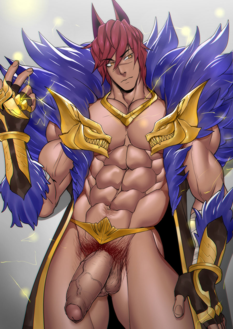 1boy, abs, armor, bara, big penis, ears, foreskin, furry, huge cock, large penis, league of legends, male, male only, muscles, muscular, muscular male, partially retracted foreskin, pecs, penis, red hair, retracted foreskin, scar, sett, solo, suyohara, uncircumcised, vastaya, vein, veins, yaoi, yellow eyes