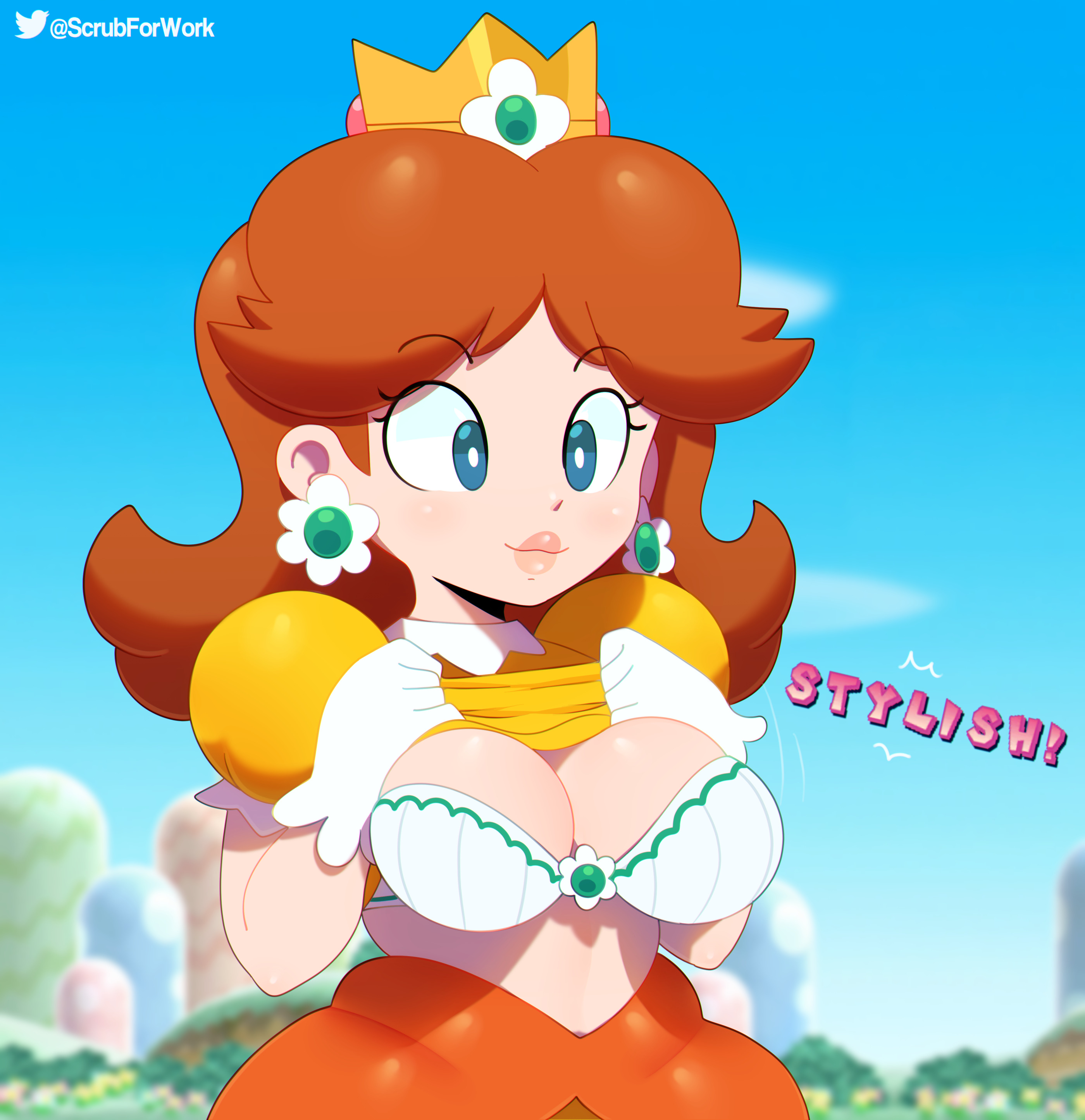 1girls, alternate breast size, big breasts, blue eyes, bra, breasts, breasts out, breasts out of clothes, cleavage, clothing, crown, dress, earrings, eyebrows visible through hair, female, female only, flashing, flower earrings, fully clothed, ginger, gloves, large breasts, light skin, light-skinned female, lips, mario (series), midriff, nintendo, outdoors, outside, pale skin, pale-skinned female, presenting breasts, princess daisy, puffy sleeves, shoulder length hair, solo, somescrub, super mario bros., text