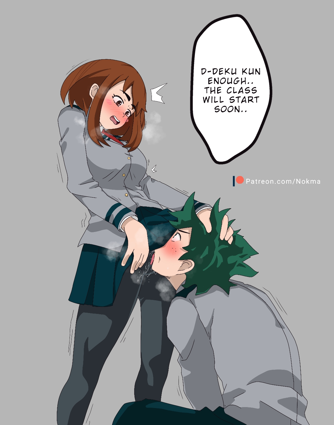 1boy, 1girls, blush, brown eyes, brown hair, cunnilingus, female, freckles, green eyes, green hair, hand on head, izuku midoriya, leggings, licking pussy, looking down, looking up, male, my hero academia, nokma, ochako uraraka, pussy, school uniform, speech bubble, u.a. school uniform