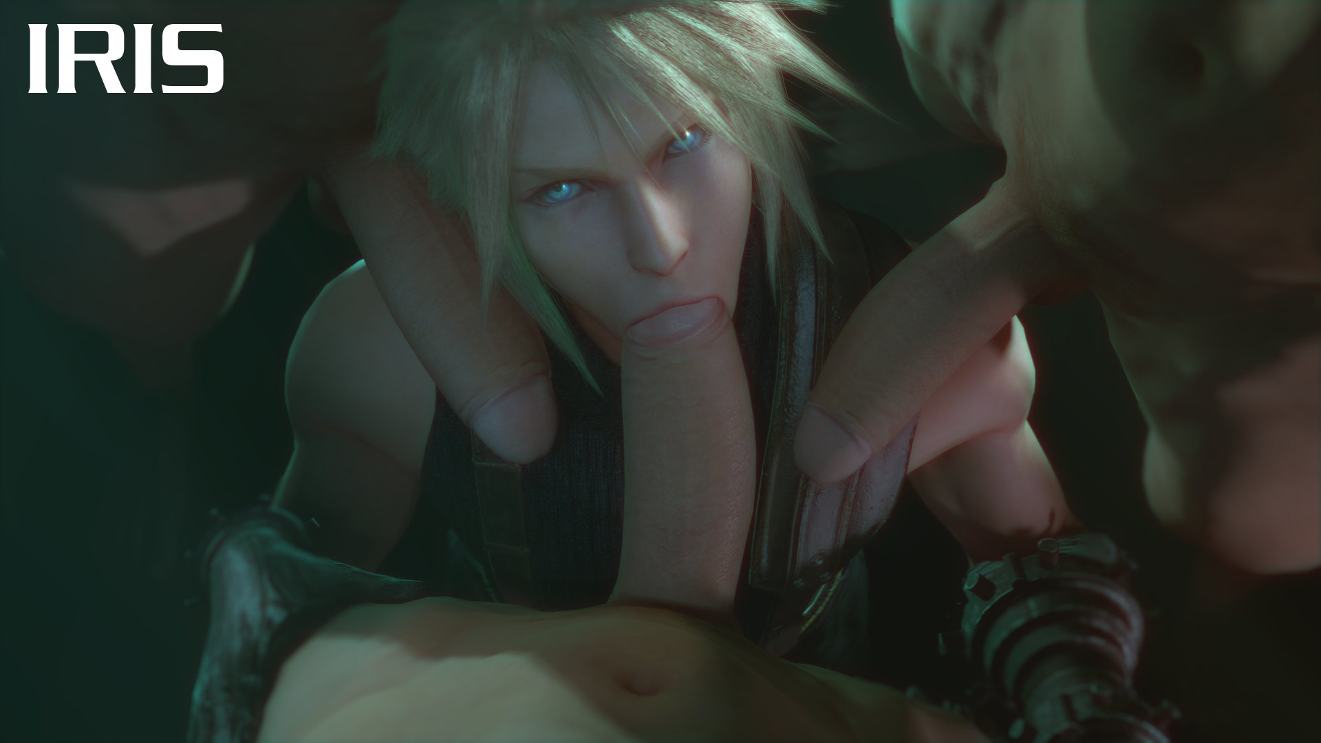 3d, 3d (artwork), 4boys, big penis, blonde hair, blue eyes, clothed, clothing, cloud strife, erection, femboy, final fantasy, final fantasy vii, gay, hand on thigh, huge cock, irispoplar, male, male only, penis, short hair, threesome, trap, uncensored, yaoi