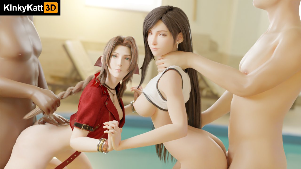 2boys, 2girls, 3d, 3d (artwork), aerith gainsborough, black hair, bottomless, bracelet, braid, breasts, brown hair, dark skin, dark-skinned male, female, final fantasy, final fantasy vii, final fantasy vii remake, green eyes, holding hands, jewelry, kinkykatt3d, long hair, male, nipples, orange eyes, tifa lockhart