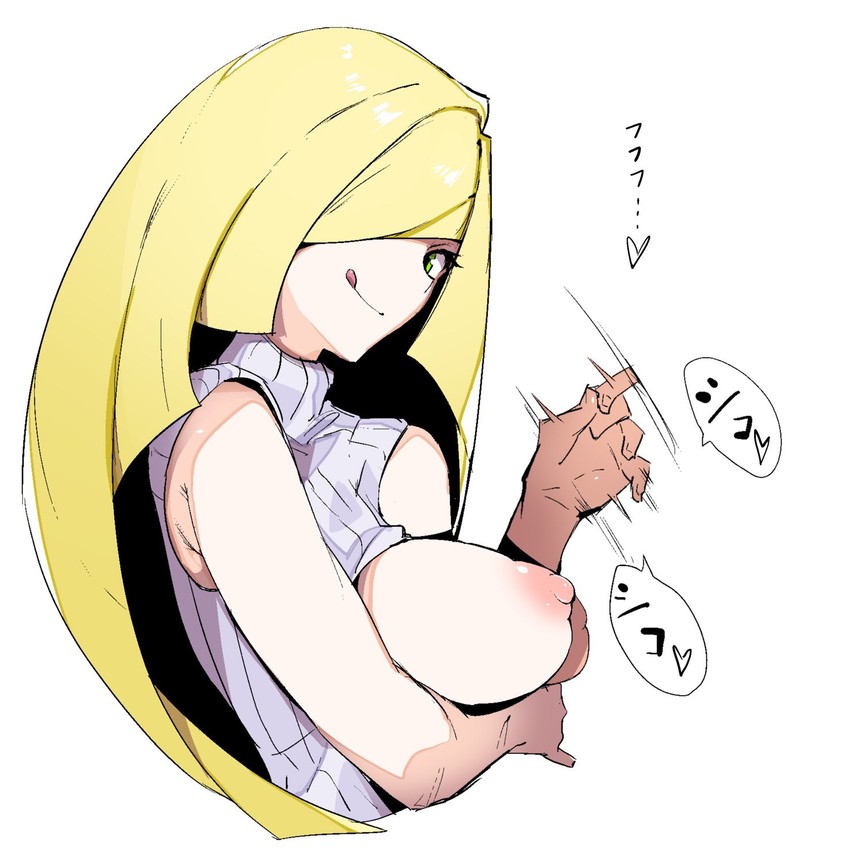 1girls aether_foundation alternate_breast_size areola big_breasts blonde_hair breasts clothes eye_contact female female_only green_eyes hair_over_one_eye heart human jikatarou licking_lips looking_at_viewer lusamine_(pokemon) milf mother motion_lines nintendo nipples pokemon pokemon_sm sexually_suggestive smile solo tongue tongue_out turtleneck