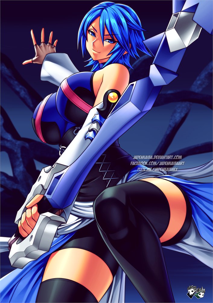 1girls, aqua (kingdom hearts), artist name, bare shoulders, bare thighs, belt, blue eyes, blue hair, blue-haired female, breasts, clothed, clothed female, clothes, clothing, curvaceous, curvy, detached sleeves, disney, female, female only, fingerless gloves, gloves, huge breasts, human, jadenkaiba, keyblade, kingdom hearts, large breasts, looking at viewer, raised leg, short hair, sideboob, smile, smiling, smiling at viewer, solo, solo female, solo focus, square enix, thighhighs, thighs, voluptuous, watermark, weapon