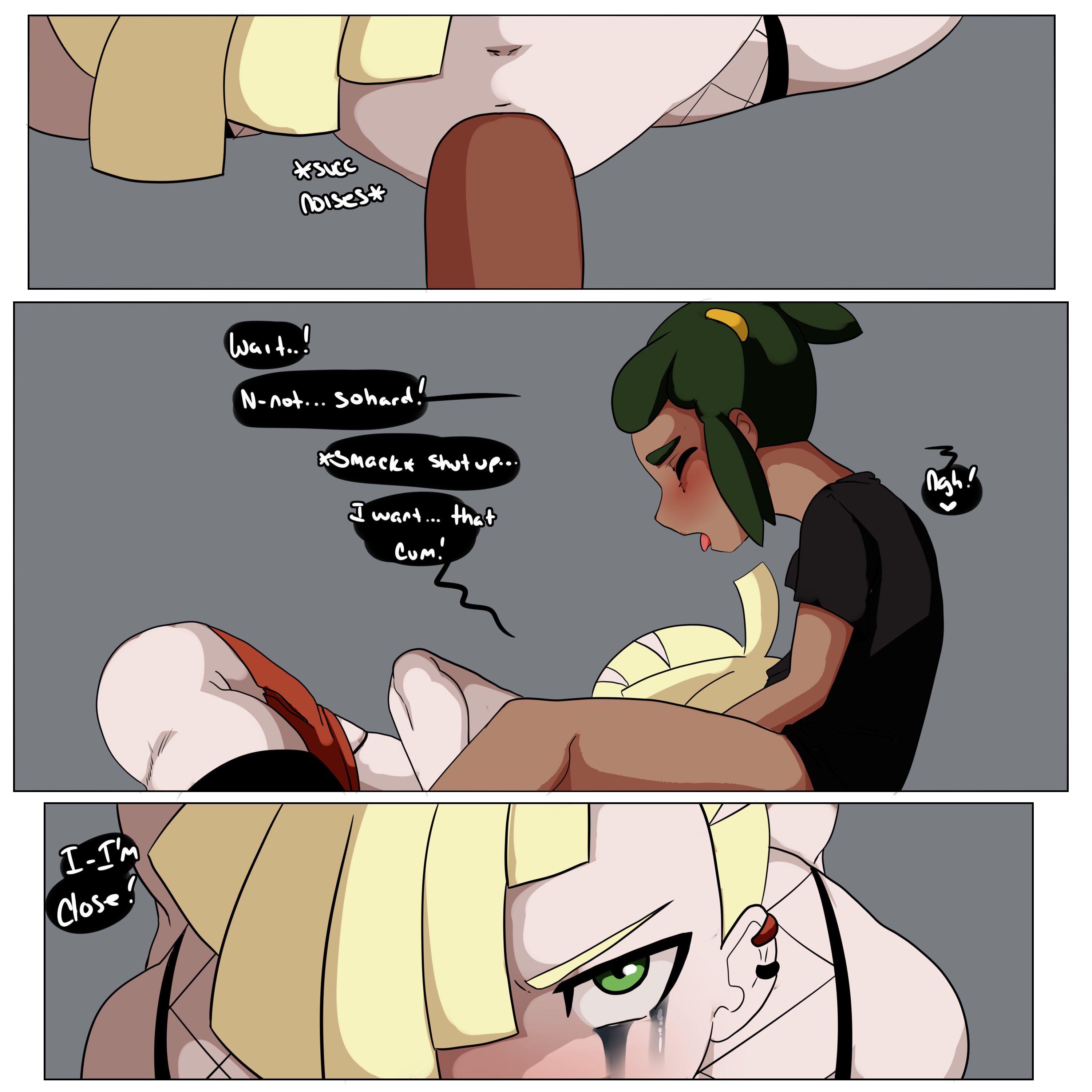 2boys, blonde hair, blowjob, blush, comic, deepthroat, ear piercing, earrings, embarrassed, english text, eye contact, femboy, fishnet shirt, game freak, gay, gladion (pokemon), green eyes, green hair, hau (pokemon), implied deepthroat, inuyuru, male, male only, mascara, nintendo, oral, oral sex, pokemon, pokemon sm, pov, runny makeup, runny mascara, skirt, text, thighhighs, trap