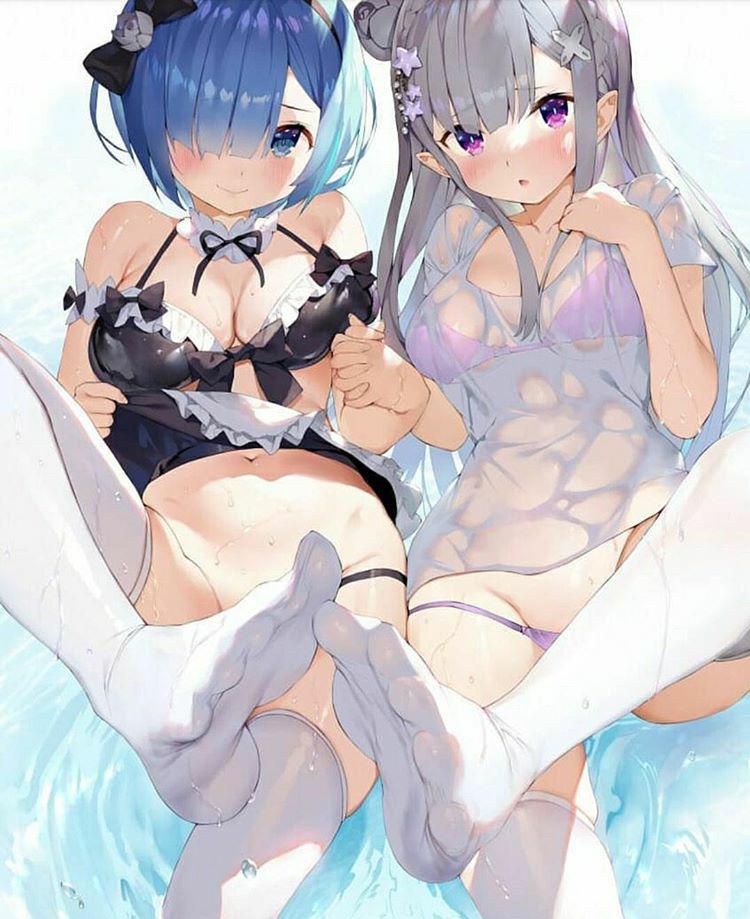 blue eyes, blue hair, emilia (re:zero), feet, female, re:zero kara hajimeru isekai seikatsu, rem (re:zero), socks, wet shirt, white hair