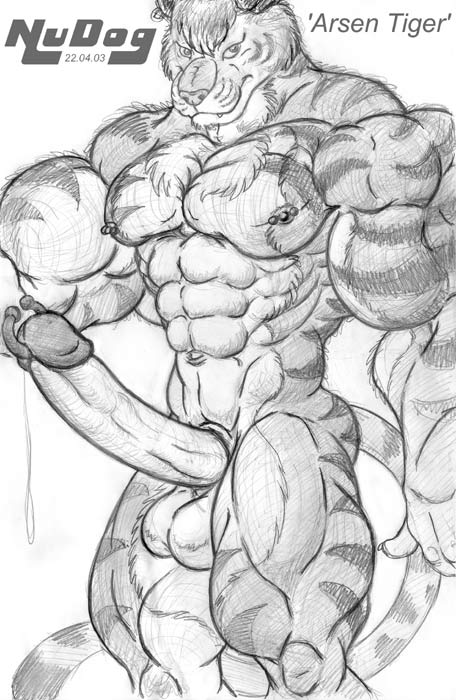 2003 abs anthro arsen_(pylon) balls big_penis ear_piercing ear_ring felid genital_piercing genitals greyscale male male_only mammal monochrome muscular muscular_male nipple_piercing nipples nudog pantherine pecs penis penis_piercing piercing prince_albert_piercing sketch solo tiger