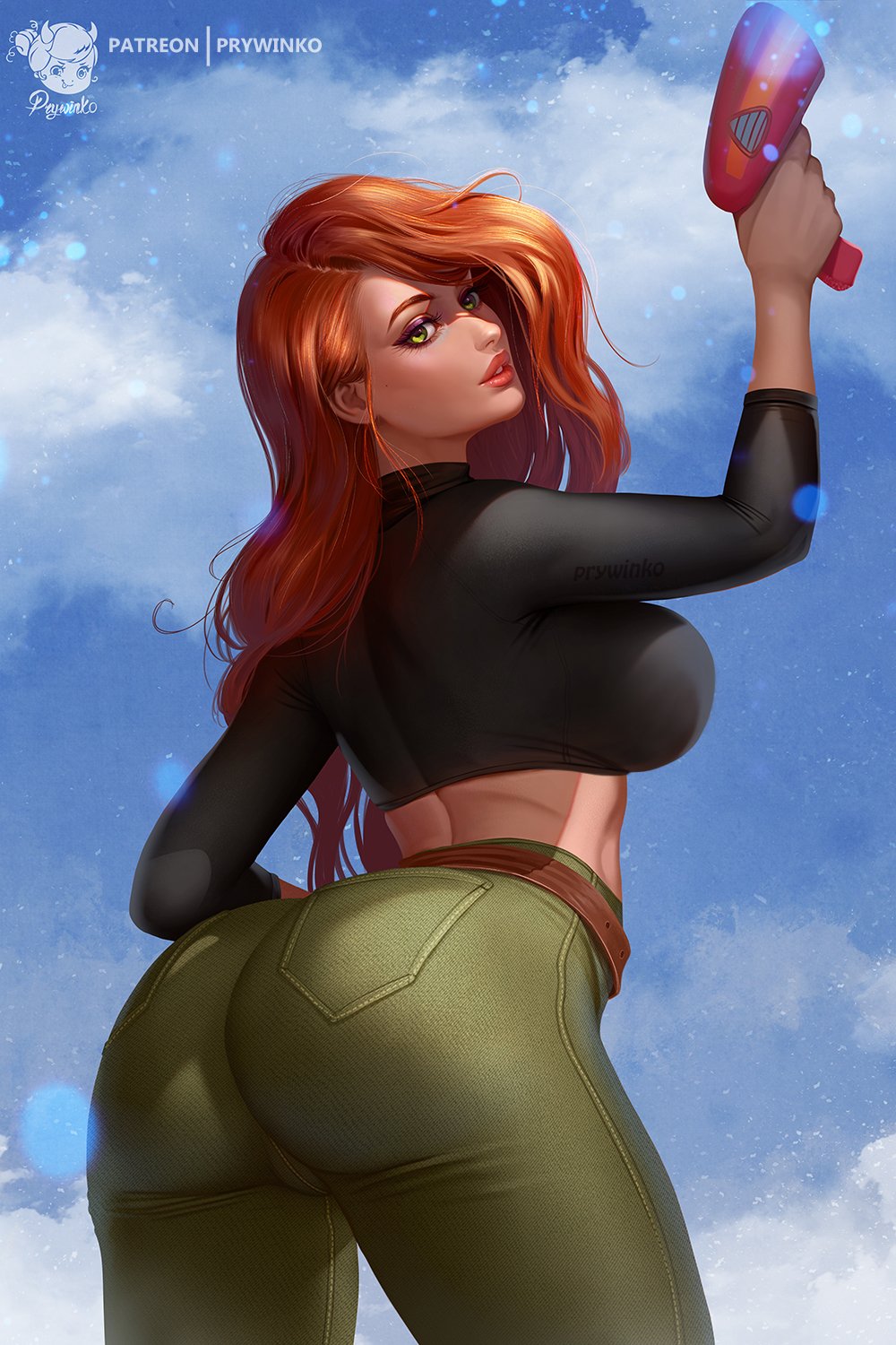 1girls, alternate breast size, alternate version available, artist name, ass, bare midriff, big breasts, black topwear, breasts, bubble ass, bubble butt, clothing, disney, disney channel, female, female only, female protagonist, green pants, kim possible, kimberly ann possible, large breasts, long hair, looking over shoulder, orange hair, prywinko, red hair, redhead, solo, solo female, solo focus, watermark