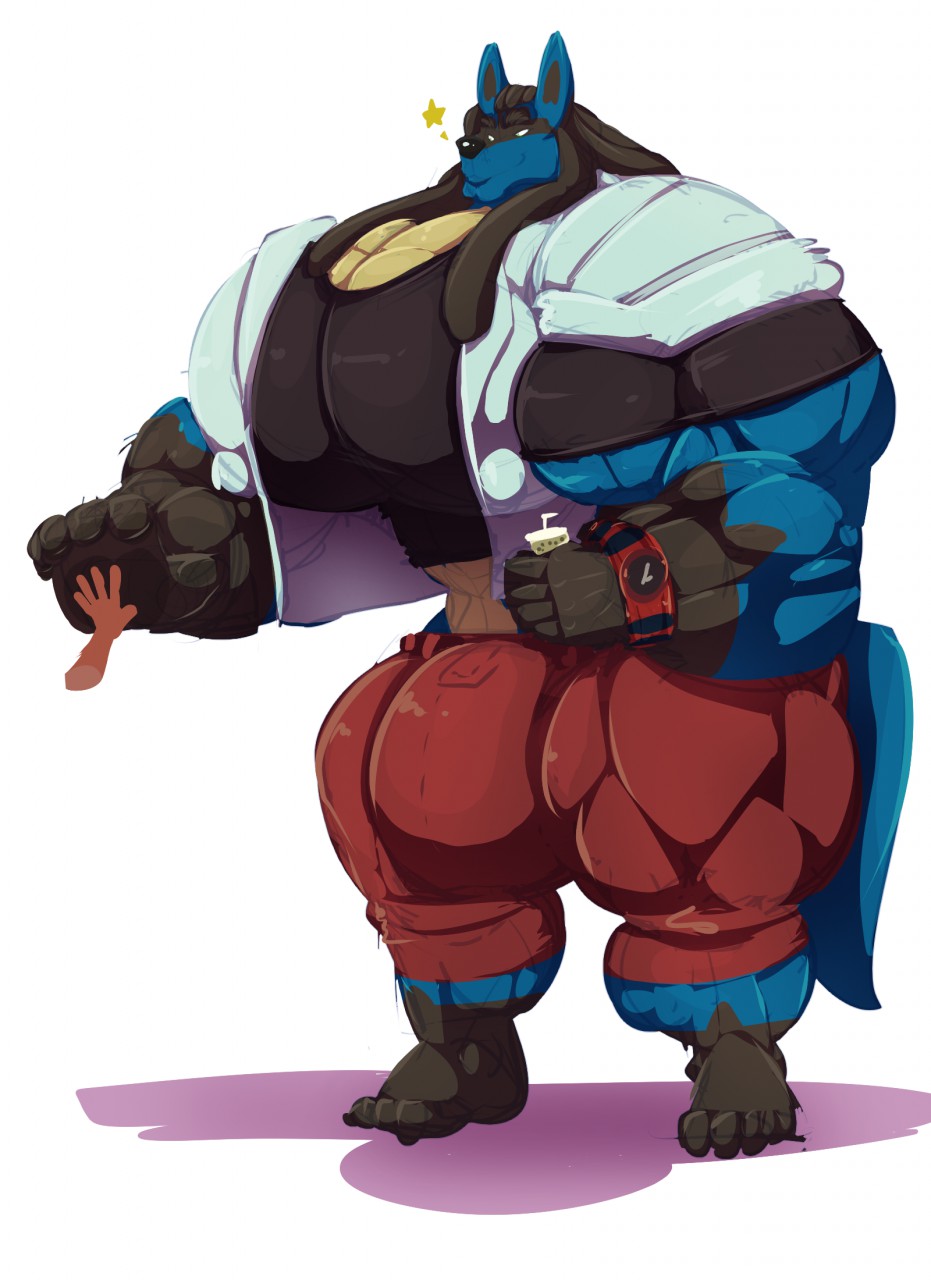 1boy 5_fingers 5_toes anthro anthrofied bara big_bulge big_muscles bobert bottomwear bulge clock clothing drinking_cup feet fingers furry hi_res holding_object huge_bulge huge_muscles hyper hyper_bulge hyper_muscles hyper_pecs kanti_(bobert) lucario male male_only moobs muscular nintendo original_character pants pokemon pokemon_(species) pokemon_dppt shirt shoeless sketch smile solo star_symbol toes topwear video_games watch what wristwatch