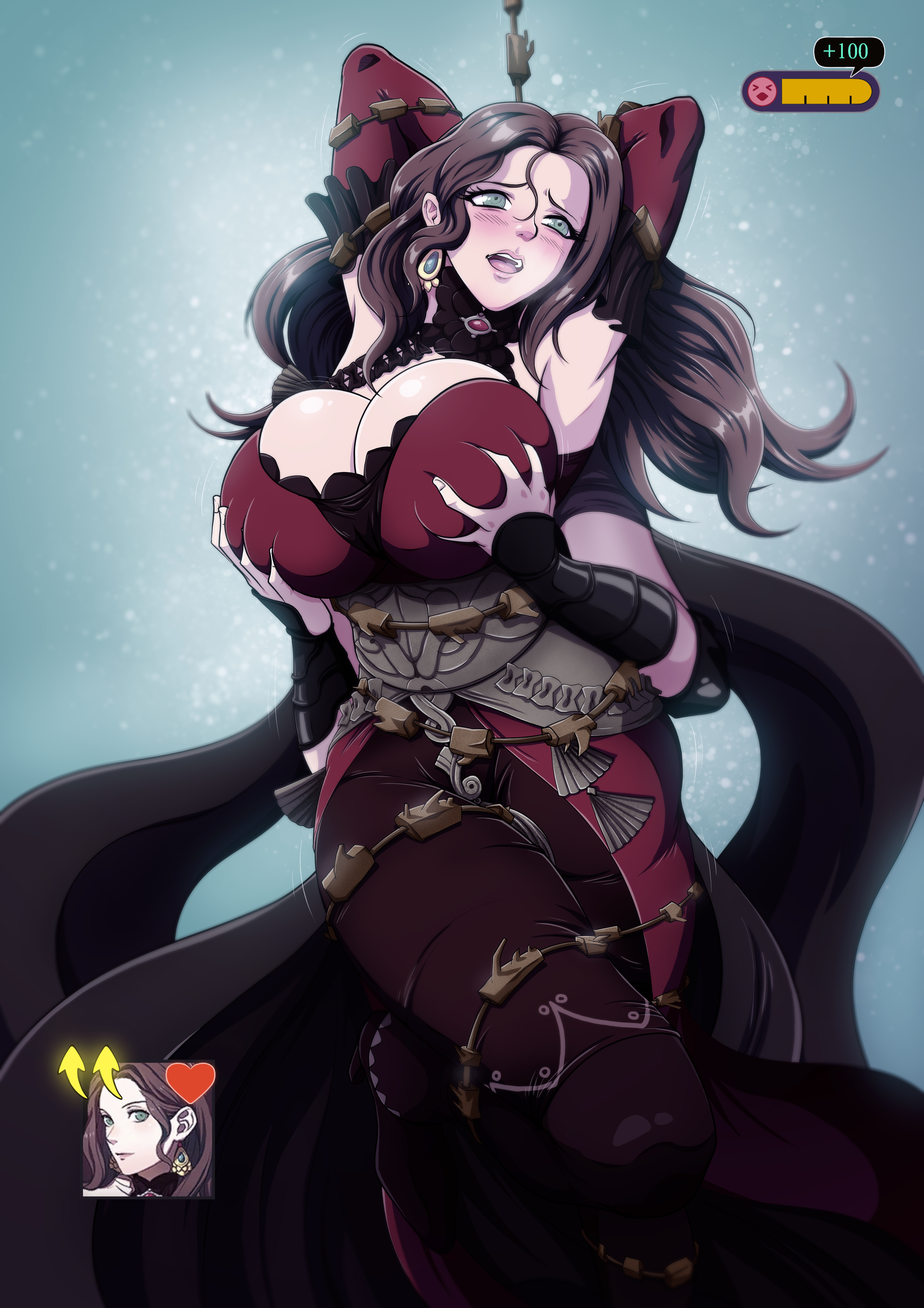 2girls, arms up, big breasts, billvicious, blush, blushing, bondage, breast grab, breast squeeze, breasts, breath, breathing, brown hair, byleth (fire emblem), byleth (fire emblem) (female), clothed, clothed female, curvy, dorothea arnault, female, female focus, female only, fire emblem, fire emblem: three houses, gameplay mechanics, green eyes, grope, grope from behind, groping, groping from behind, hands behind head, huge breasts, large breasts, light skin, light-skinned female, long hair, multiple females, multiple girls, nintendo, post-timeskip, sword of the creator, video game, white body, white skin, wide hips, yuri