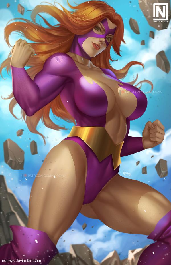 1girls big_breasts boots clothed clothing covered_breasts covered_nipples female female_only fists fists_clenched ginger ginger_hair golden_belt human human_only leotard looking_at_viewer marvel marvel_comics mary_macpherran muscular muscular_female no_pants nopeys orange_hair pink_bodysuit pose posing solo solo_female solo_focus titania_(marvel)