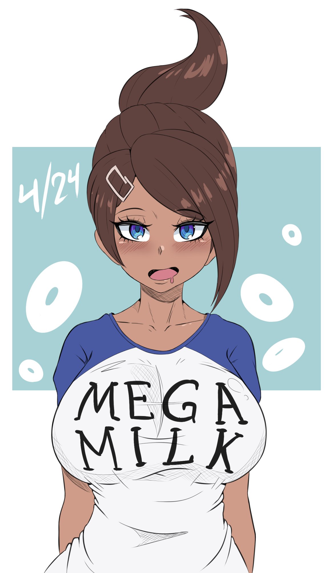 1girls, 2020, asahina aoi, bedroom eyes, big breasts, blue eyes, blush, breasts, brown hair, danganronpa, danganronpa: trigger happy havoc, dark skin, dark-skinned female, drooling, duke wintermaul, female, female focus, female only, huge breasts, lidded eyes, mega milk, open mouth, ponytail, solo, straight hair, tomboy, young savage