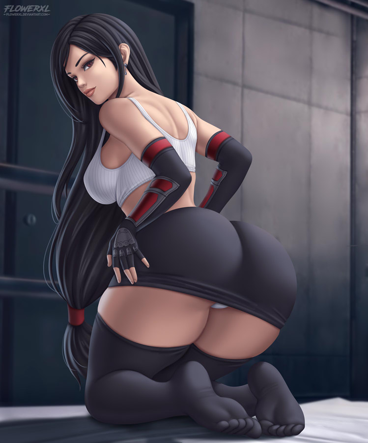 1girls, ass, big ass, big breasts, black hair, breasts, brown eyes, exposed panties, feet, female, female only, final fantasy, final fantasy vii, flowerxl, long hair, no shoes, panties, skirt, solo, solo female, solo focus, thick thighs, thighhighs, tifa lockhart, underwear, white panties