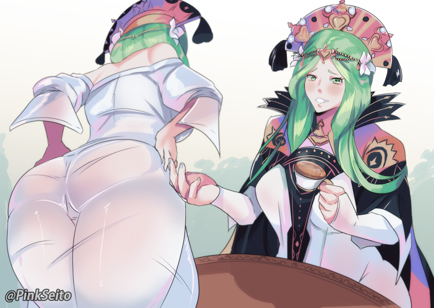 1girls, ass, ass focus, female, fire emblem, fire emblem: three houses, green hair, long hair, nintendo, pinkseito, presenting hindquarters, rhea (fire emblem), solo