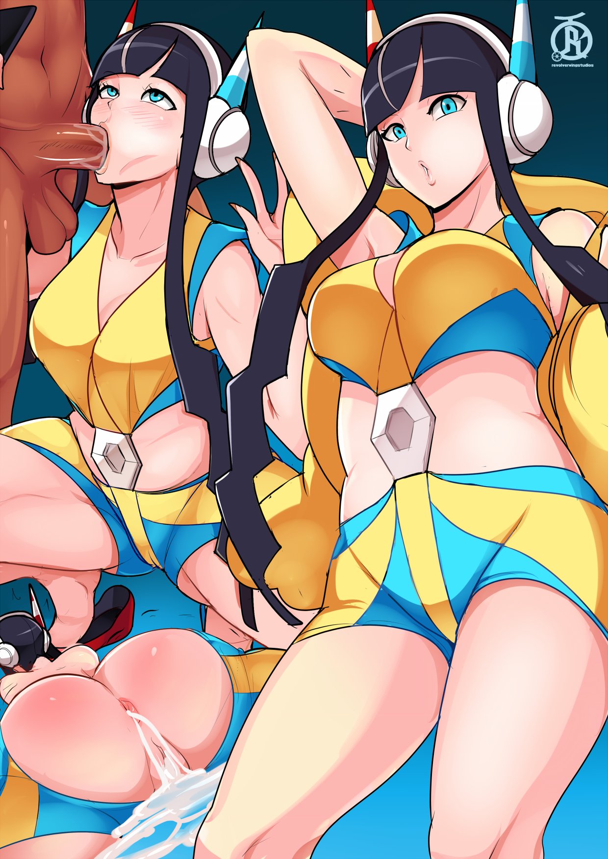 :>=, 1boy, 1girls, after sex, alternate breast size, alternate hair color, armpits, ass, balls, belly, big breasts, big penis, black hair, blue background, blue eyes, breasts, clothed female nude male, clothes, color, dark skin, dark-skinned male, elesa (pokemon bw2), elesa (pokemon), excessive cum, eye contact, faceless male, fellatio, female, from behind, gym leader, half-closed eyes, headphones, human, interracial, large breasts, leaking cum, looking at viewer, looking away, looking up, male, mature female, motion lines, nail polish, navel, nintendo, nipples, nude, oral, penis, pokemon, pokemon bw2, revolverwingstudios, shirt, shorts, source request, spread legs, squatting, standing, testicles, text, thick thighs, tight clothing, trembling, twintails, watermark, wet, wide hips, yellow nails