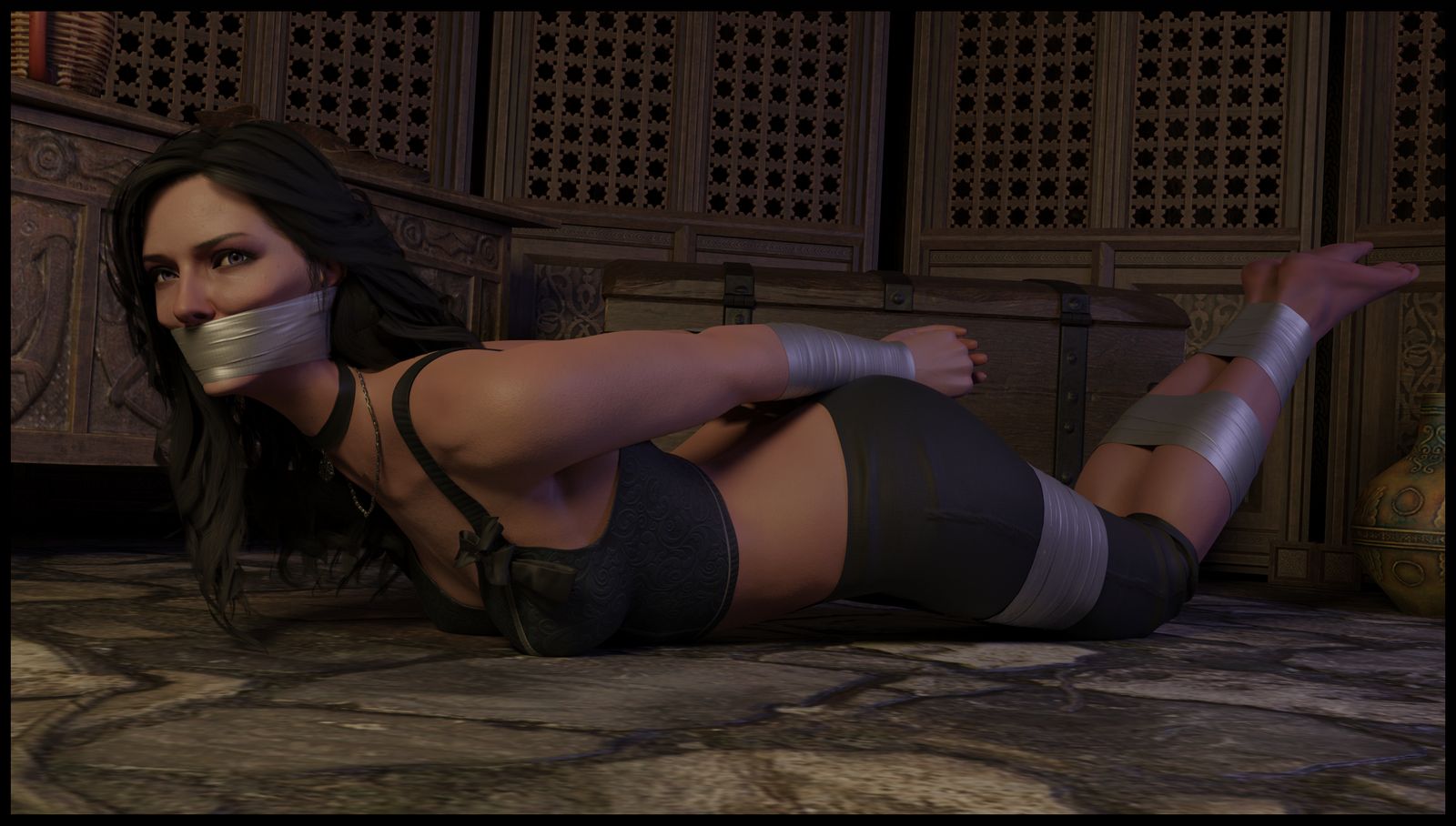 3d, black hair, bound, bound ankles, bound arms, bound legs, captured, cd projekt red, clothed bondage, duct tape, duct tape gag, feet, feet tied, feet together, feet up, female, fully clothed, fully clothed female, gag, gagged, hogtied, lord kamski, the witcher (series), the witcher 3: wild hunt, yennefer