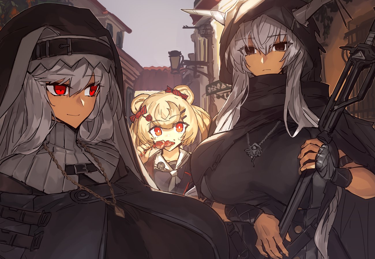 3girls, arknights, black eyes, blonde hair, breasts, cloak, eating, female, gummy (arknights), habit, hairclip, hood, horns, huge breasts, looking at viewer, massive breasts, melon22, multiple females, multiple girls, necklace, nun, red eyes, shining (arknights), silver hair, specter (arknights), staff