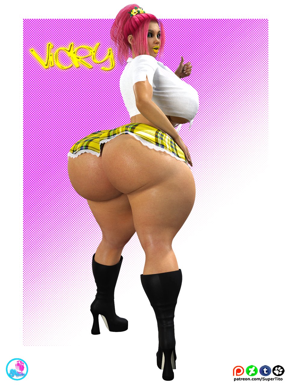 1girls 2020 2020s 3d 3d_(artwork) absurd_res absurdres big_ass bottom_heavy brown_skin fat_ass female female_focus female_only full_body huge_ass pink_hair skirt skirt_lift solo_female solo_focus standing supertito vicky_(supertito)