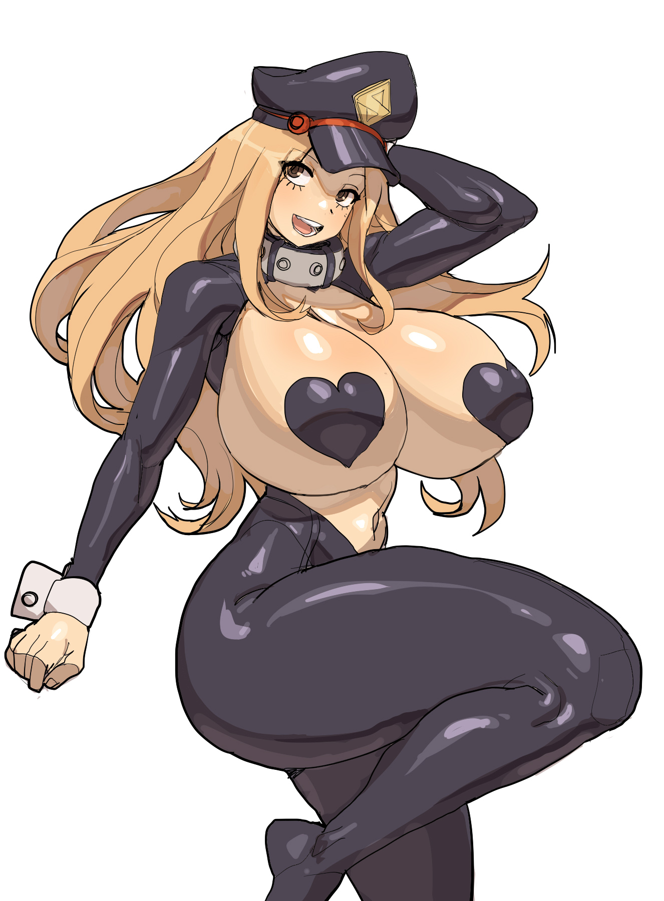 1girls, black heart pasties, black pasties, blonde hair, blonde-haired female, bodysuit, breasts, breasts out, camie utsushimi, choker, exposed breasts, female, hand behind head, hat, heart pasties, heart-shaped pasties, hero outfit (mha), huge breasts, long hair, maniacpaint, my hero academia, navel, pasties, shiketsu high school cap, simple background, solo, thick thighs, wrist cuffs