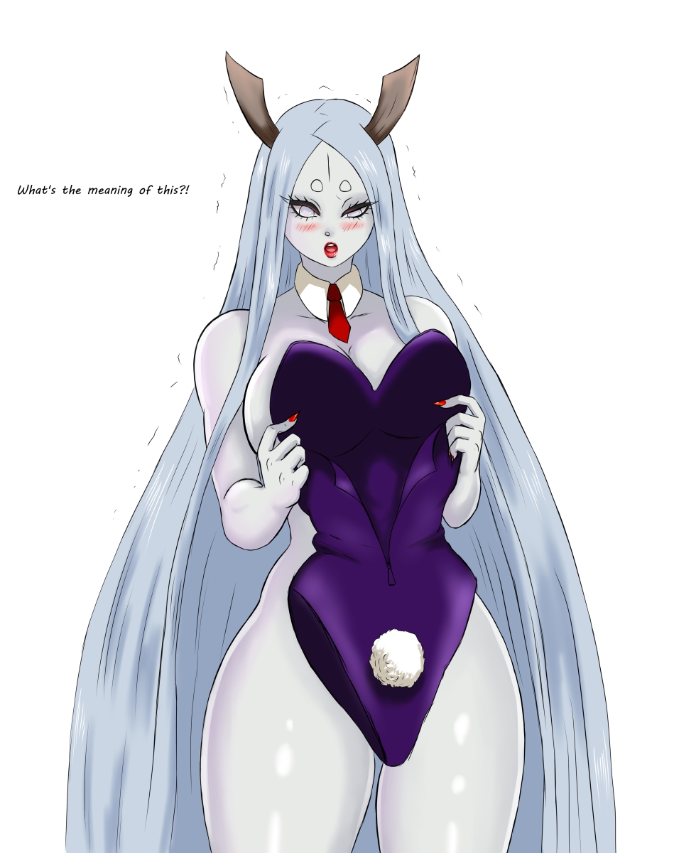 1girls blush breasts bunny_tail bunnysuit curvy female female_only holding_clothes horns lipstick naruto naruto_shippuden nexus-sig nude otsutsuki_kaguya pale_skin red_lips simple_background talking text thick_thighs very_long_hair violet_eyes white_background white_hair white_skin