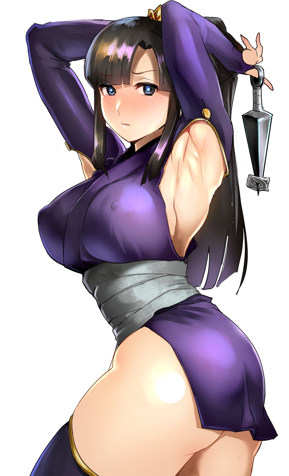 1girls armpit armpits arms_above_head arms_behind_head arms_up ass brown_hair condom condom_wrapper huge_breasts ichiren kunai kunoichi long_hair ninja nipples_visible_through_clothing original original_character ponytail solo thick_thighs thighhighs