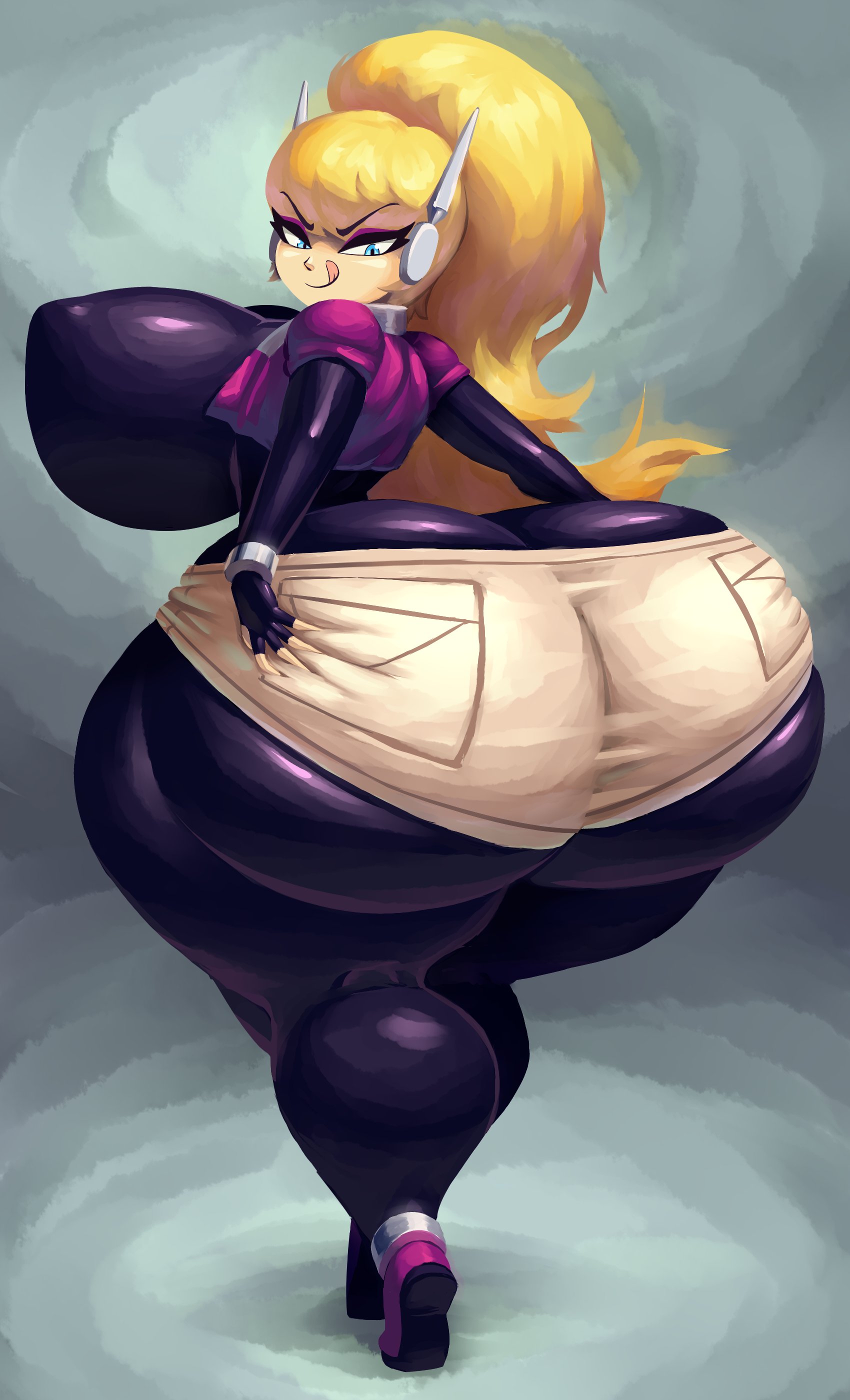 ass, ass body, ass cleavage, ass crack, backboob, big ass, big breasts, breasts, bubble ass, bubble butt, butt crack, female, hands on ass, huge ass, hyper breasts, jazz (oc), noonun, original character, ponytail, smirking, tagme