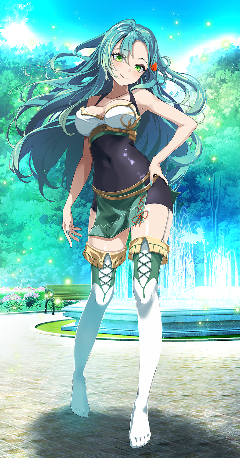 1girls aqua_hair bench blush breasts chloe_(fire_emblem) cleavage closed_mouth covered_navel female female_only fire_emblem fire_emblem_engage fountain full_body green_eyes hair_between_eyes hand_on_own_hip highres long_hair looking_at_viewer medium_breasts nintendo outdoors park park_bench smile solo standing thighhighs tree tsukishiro_saika white_thighhighs