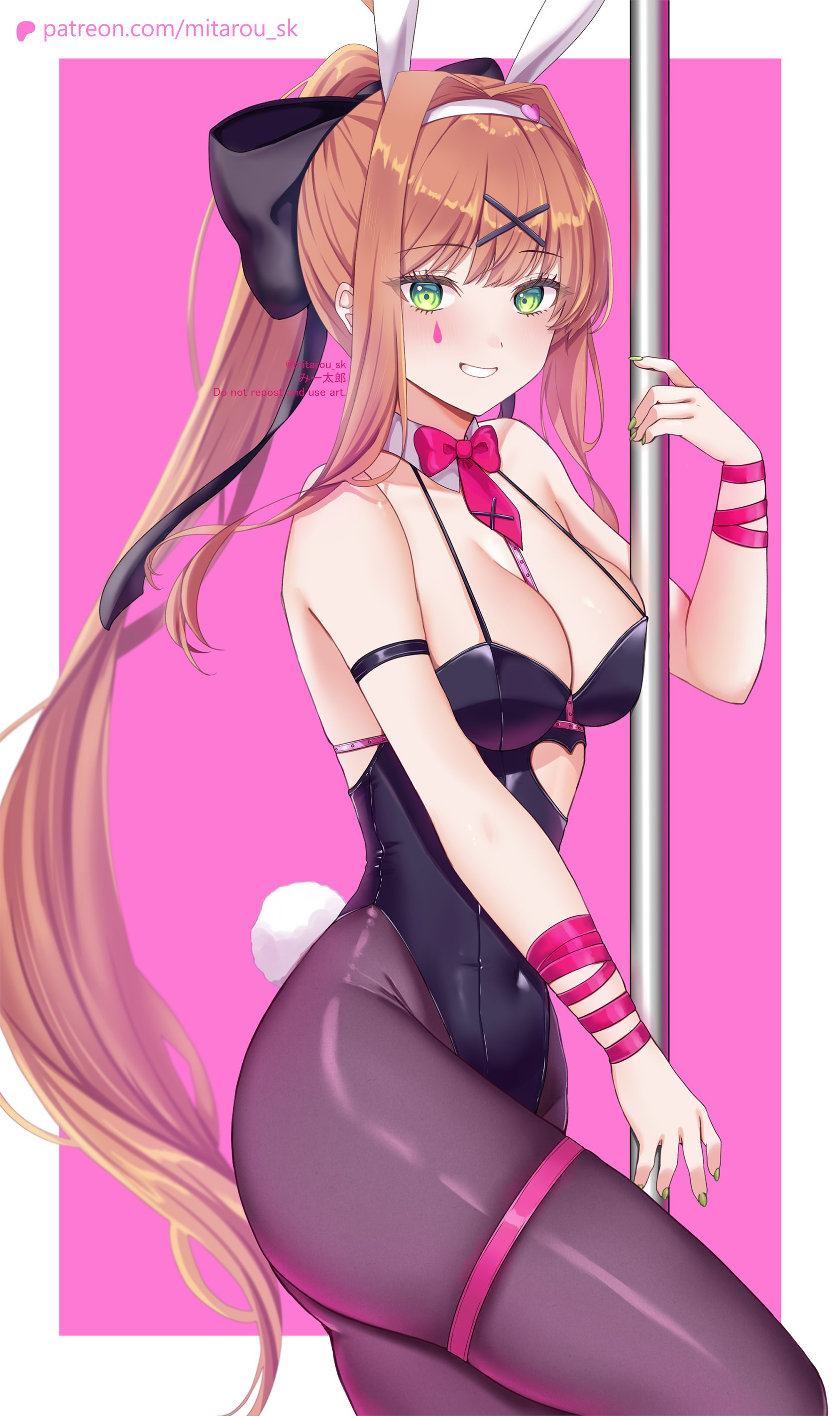 1girls, ass, breasts, bunnysuit, doki doki literature club, fake animal ears, female, female only, leotard, long hair, mitarou sk, monika (doki doki literature club), pantyhose, pole dancing, ponytail, rabbit hole (deco*27/caststation), rabbit hole (vocaloid), solo, stripper pole, tagme